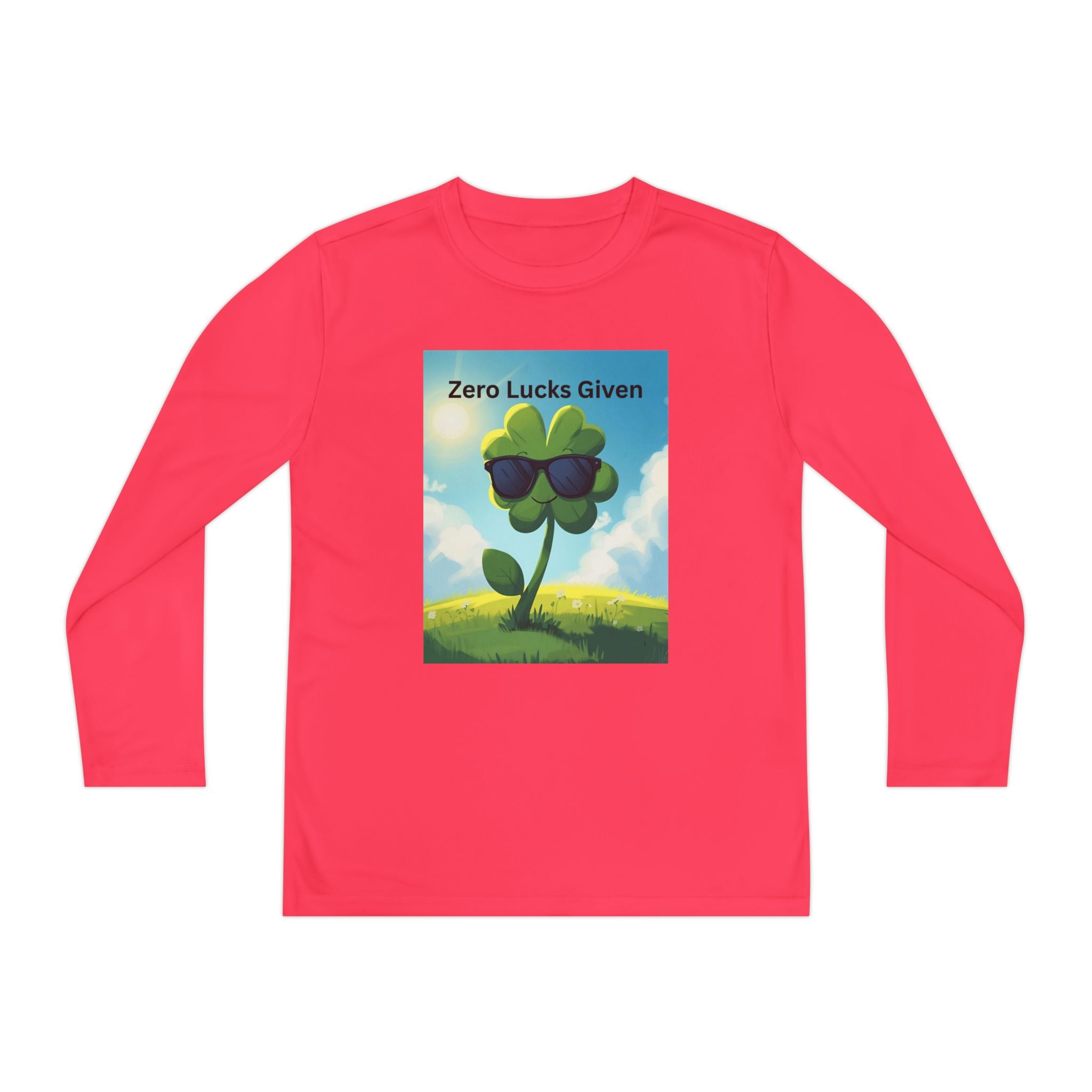 Zero Lucks Given Youth Long Sleeve Tee, Fun Graphic Shirt, Clover Print Top, Gift for Kids, Statement Tee, Birthday Gift
