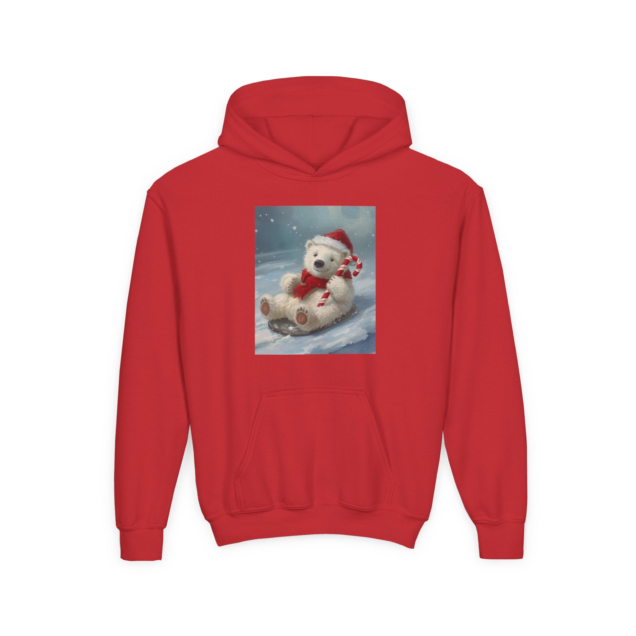 Cozy Christmas Bear Youth Hooded Sweatshirt, Winter Hoodie, Holiday Gift, Cute Sweatshirt for Kids, Festive Apparel