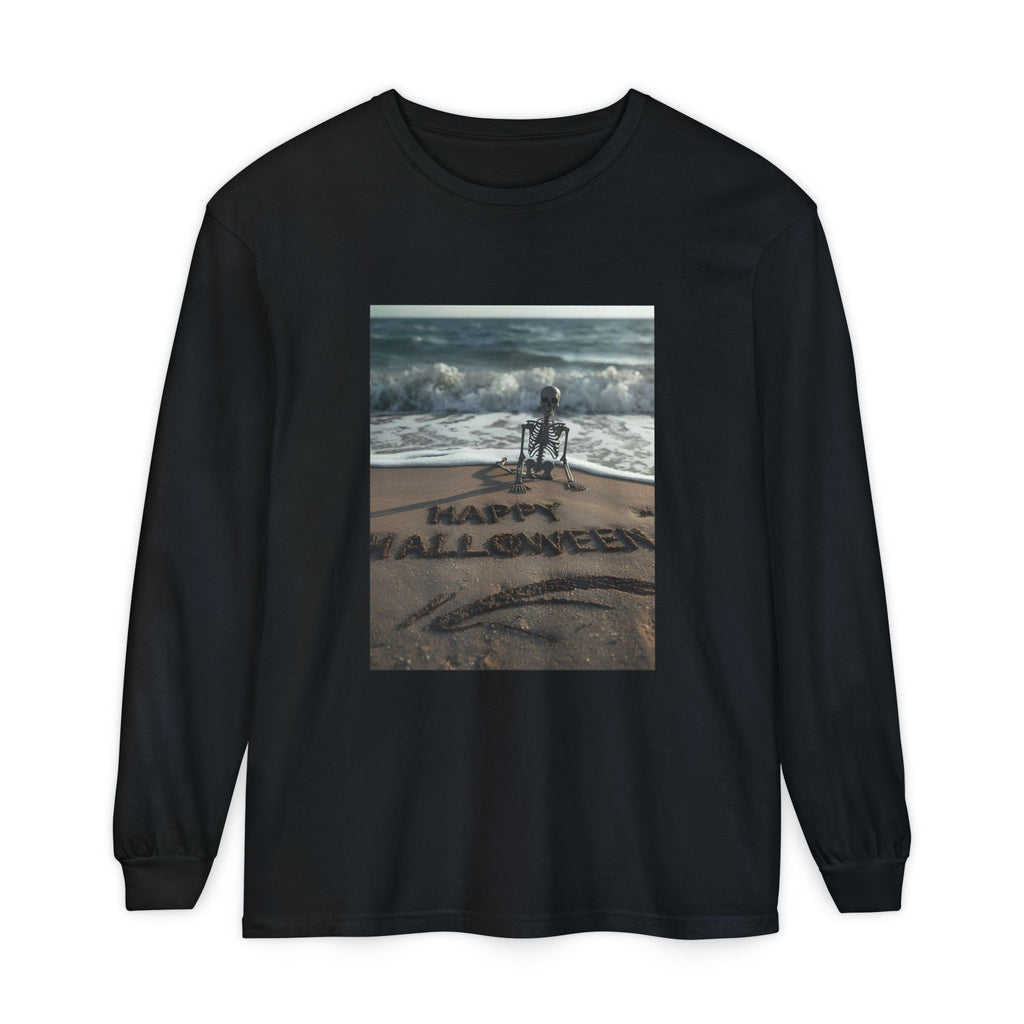 Happy Halloween Beach Skeleton Vibes Unisex Garment-dyed Long Sleeve T-Shirt