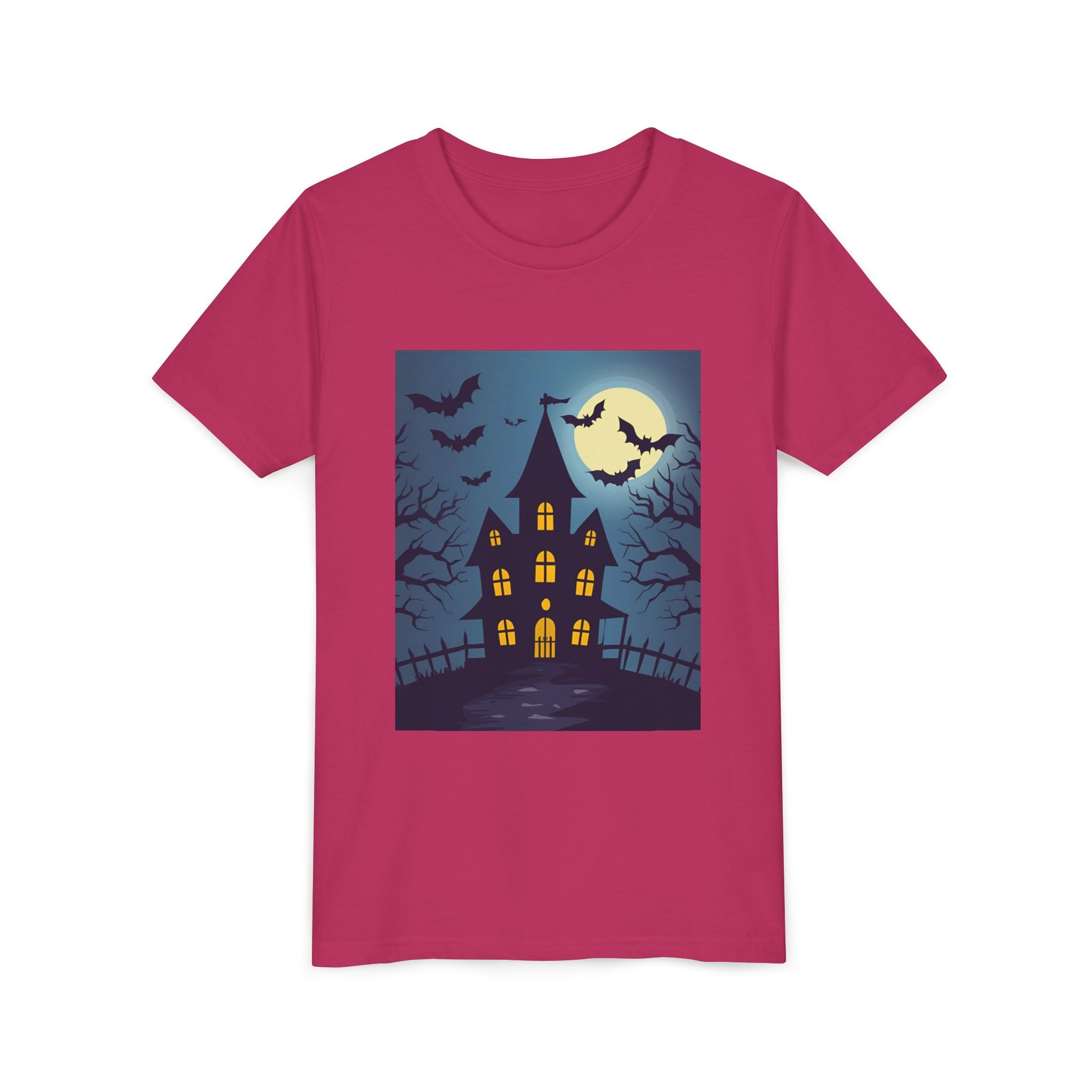 Spooky Halloween Haunted House Youth Tee, Kids Ghost T-Shirt, Haunted House Apparel, Bat Design Shirt, Trick or Treat Clothing