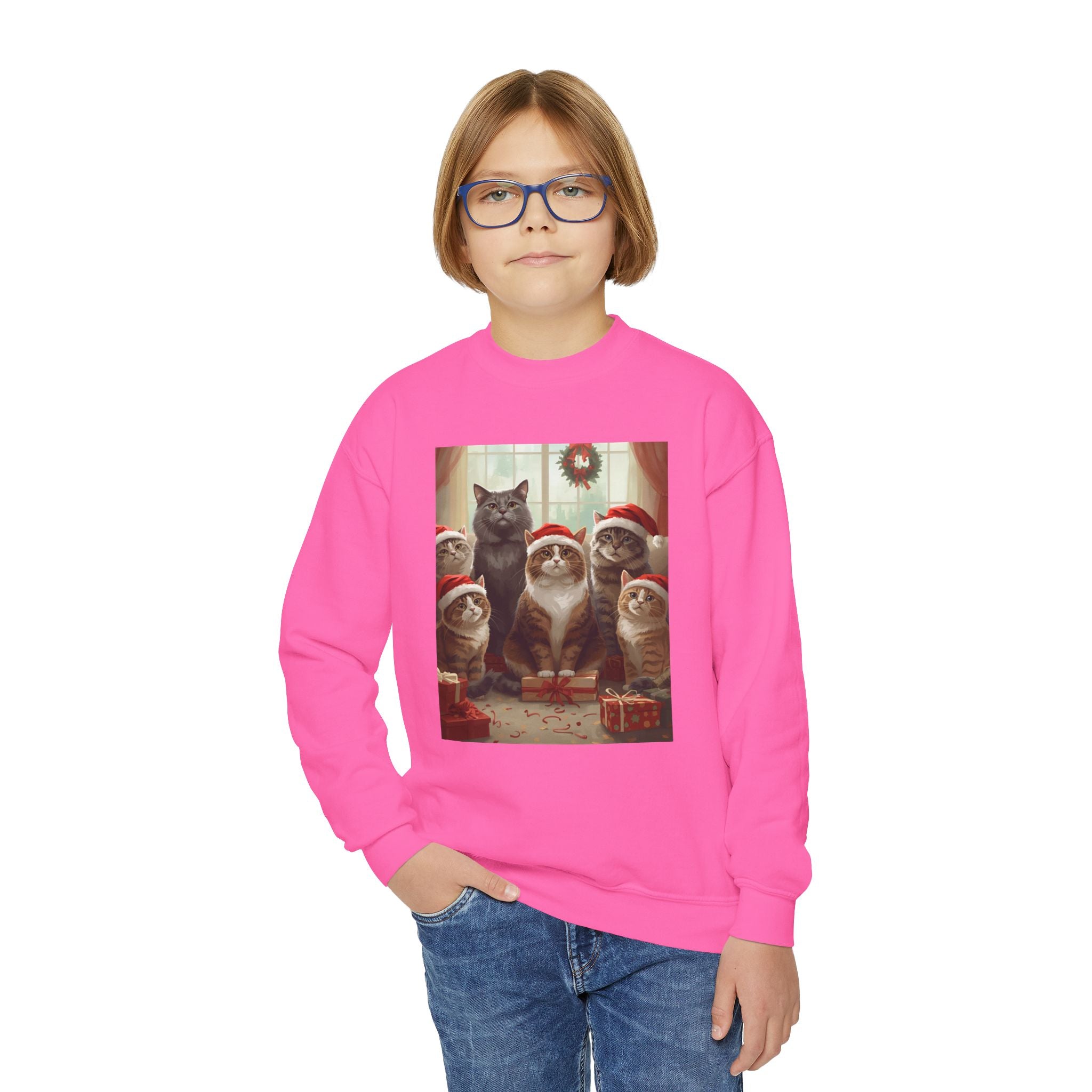Cute Festive Christmas Cat Youth Crewneck Sweatshirt