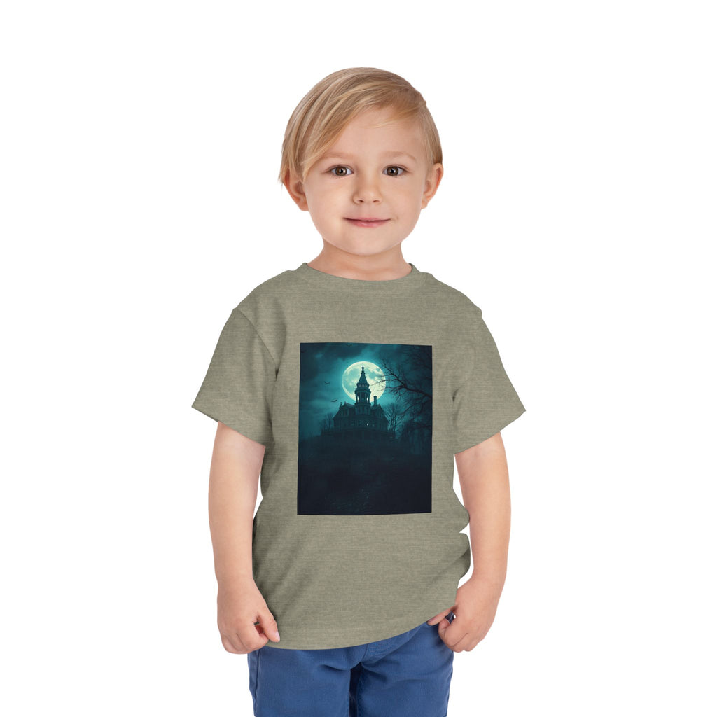 Haunted Moonlight Toddler Halloween Short Sleeve Tee, Ghostly Castle Shirt, Spooky Toddler Tee, Kids Halloween Costume Top, Fall Festivity Apparel