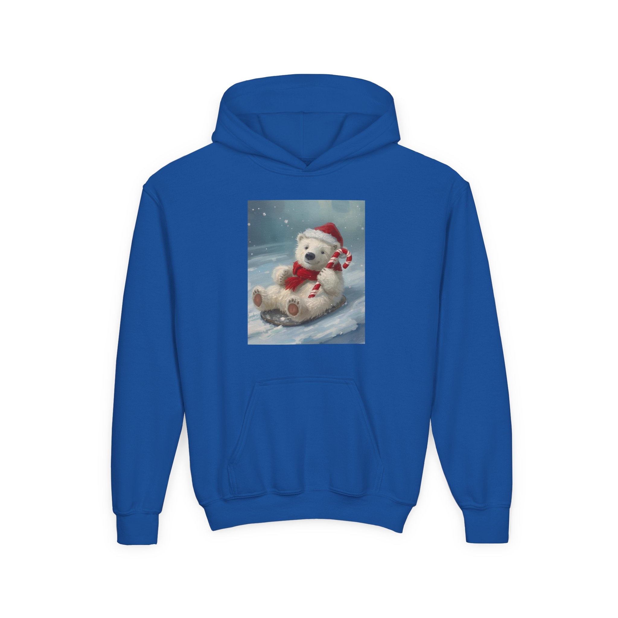 Cozy Christmas Bear Youth Hooded Sweatshirt, Winter Hoodie, Holiday Gift, Cute Sweatshirt for Kids, Festive Apparel
