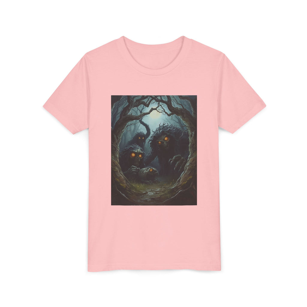 Spooky Mystical Forest Creatures Youth Tee, Cool Graphic T-Shirt, Kids Nature Shirt, Unique Gift for Boys & Girls, Perfect for Halloween