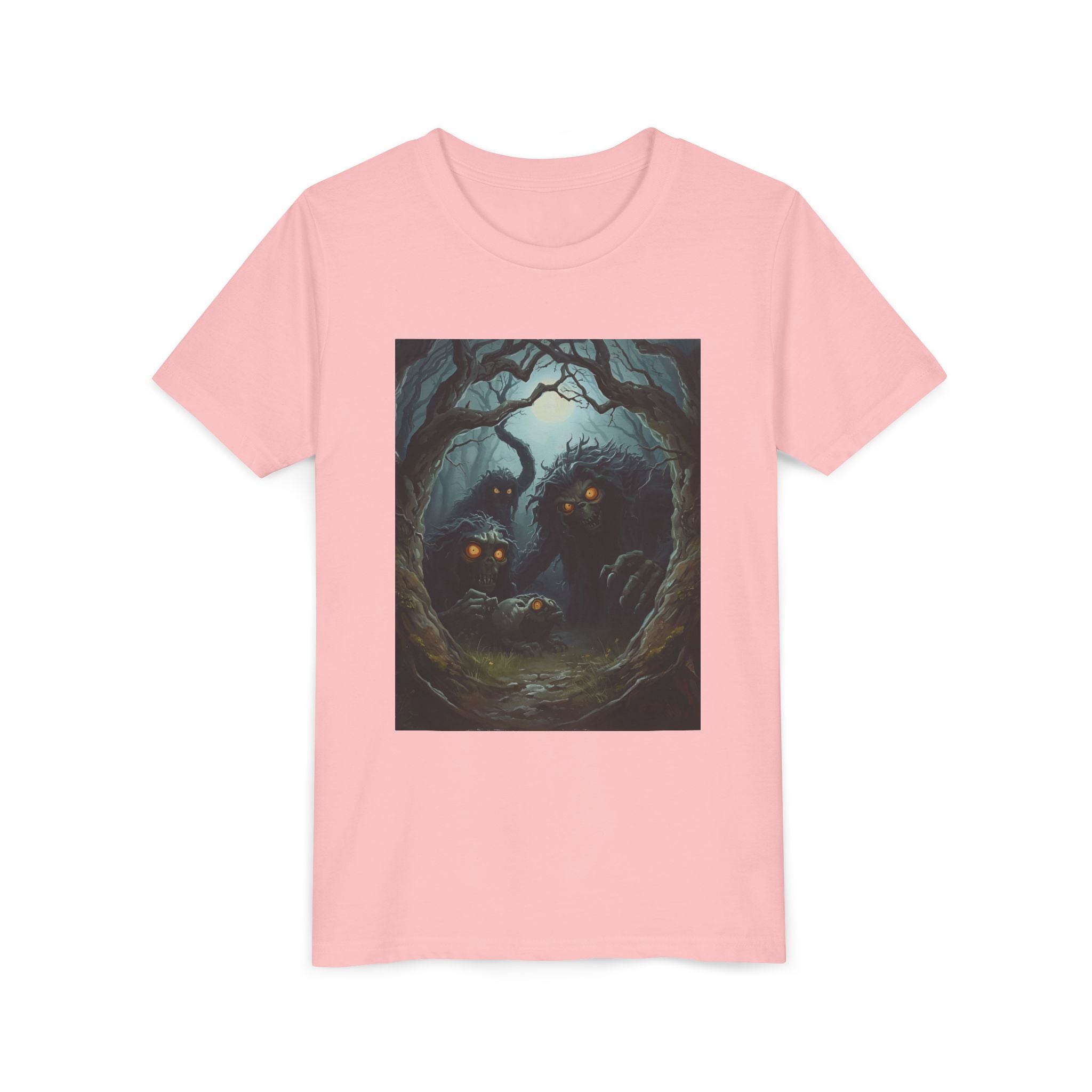 Spooky Mystical Forest Creatures Youth Tee, Cool Graphic T-Shirt, Kids Nature Shirt, Unique Gift for Boys & Girls, Perfect for Halloween