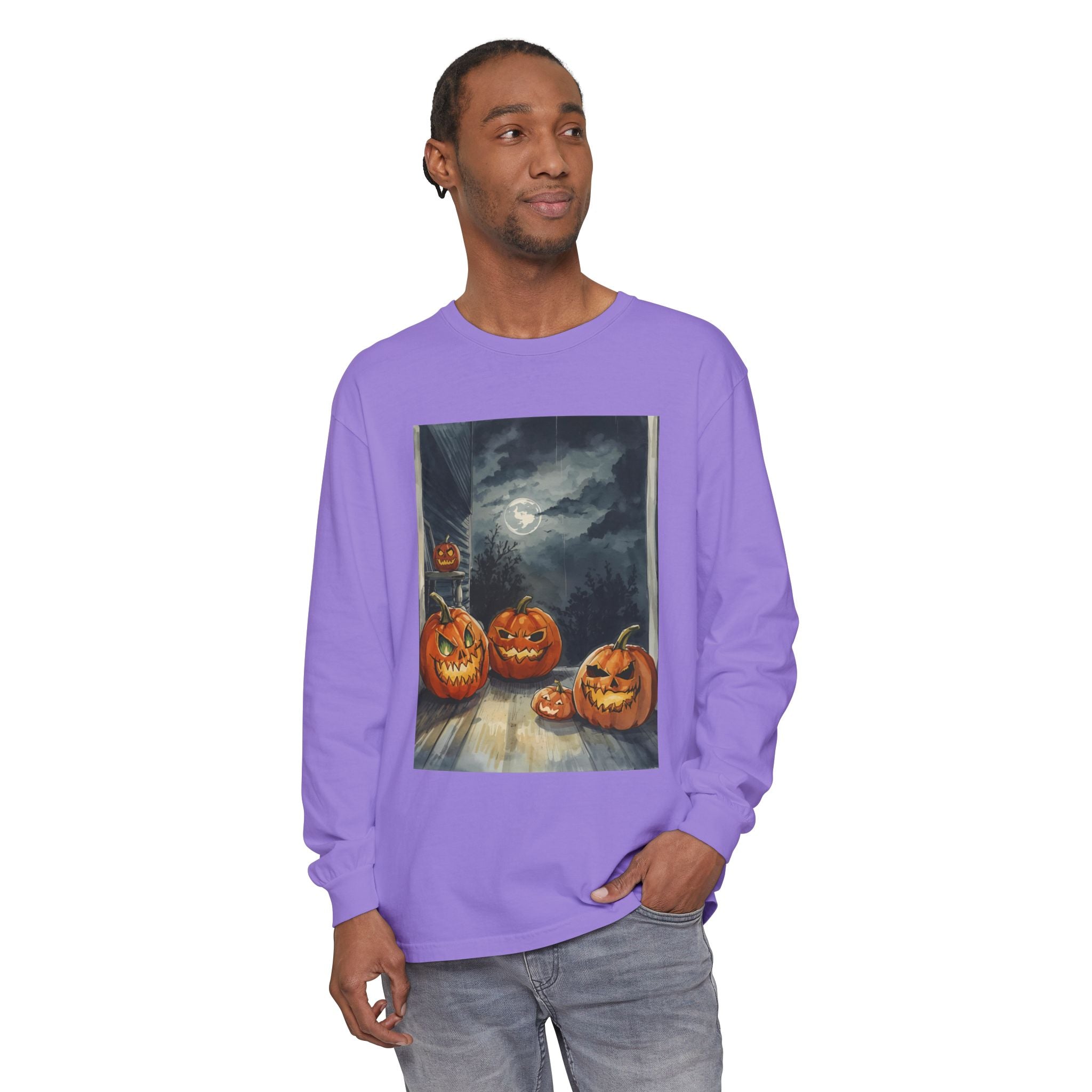 Halloween Pumpkin Scary Unisex Garment-dyed Long Sleeve T-Shirt