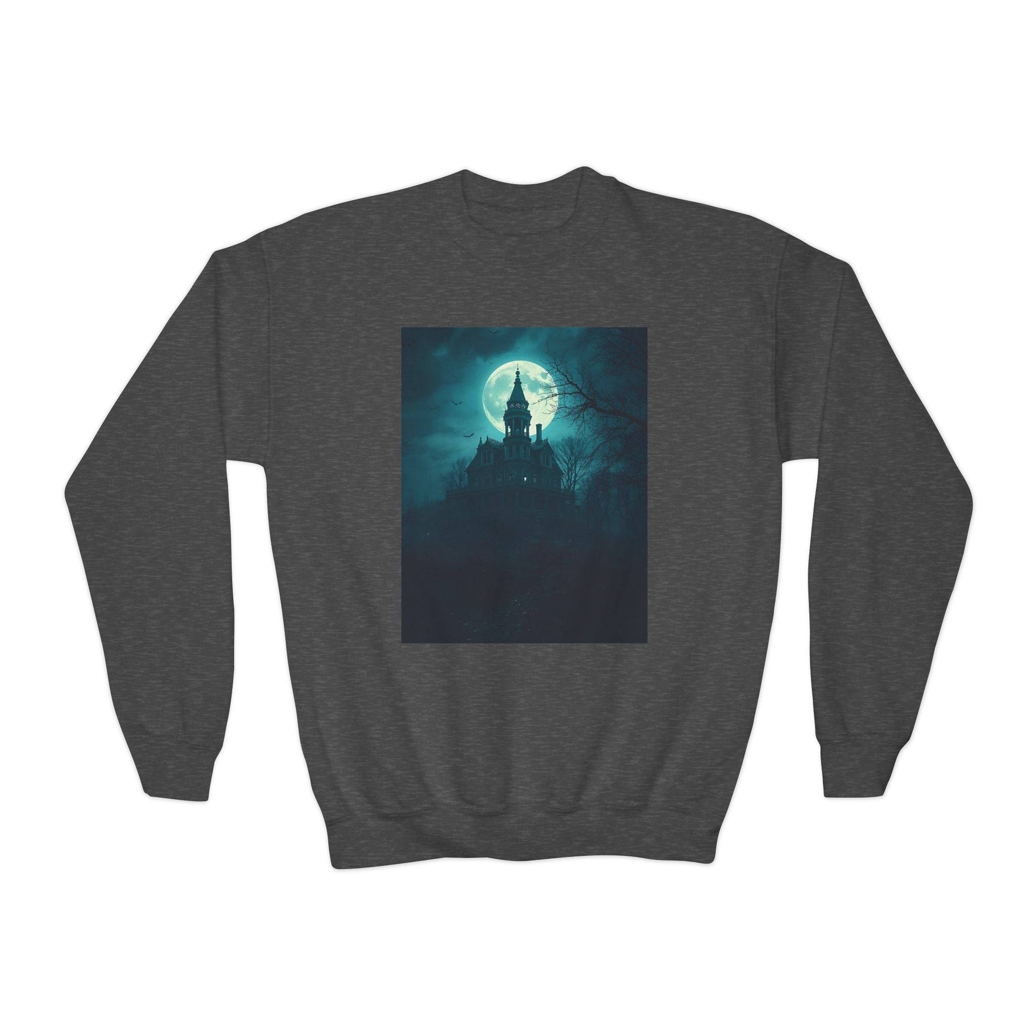 Haunted Moonlight Spooky Castle Youth Crewneck Sweatshirt | Halloween Gift, Cozy Sweatshirt for Kids, Unique Graphic Sweatshirt, Autumn Wardrobe Essential