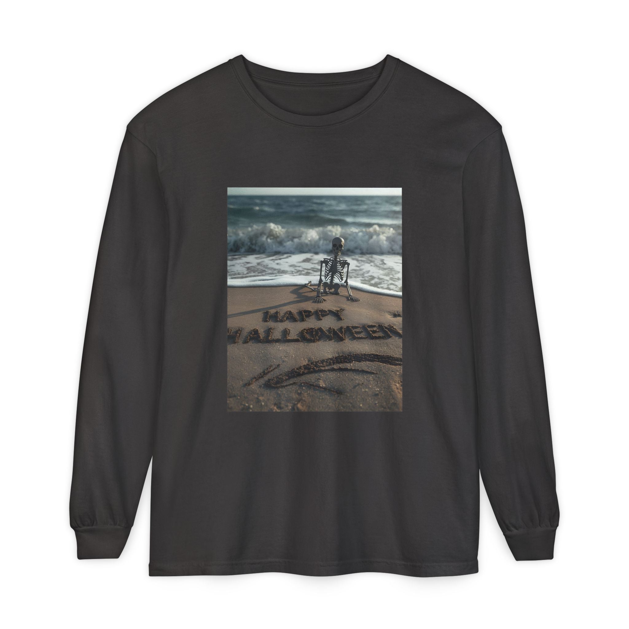 Happy Halloween Beach Skeleton Vibes Unisex Garment-dyed Long Sleeve T-Shirt