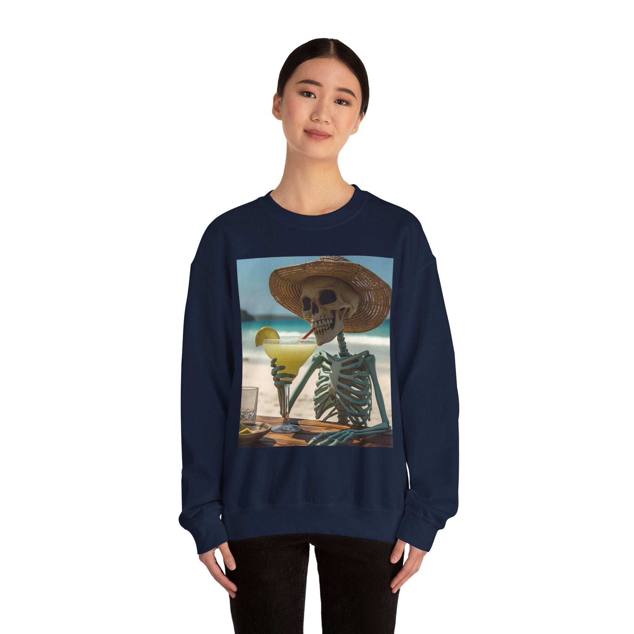 Chill Vibes Skeleton Sweatshirt - Cozy Crewneck for Halloween, Summer Parties, Beach Lovers, Unisex Gift, Casual Lounge Wear