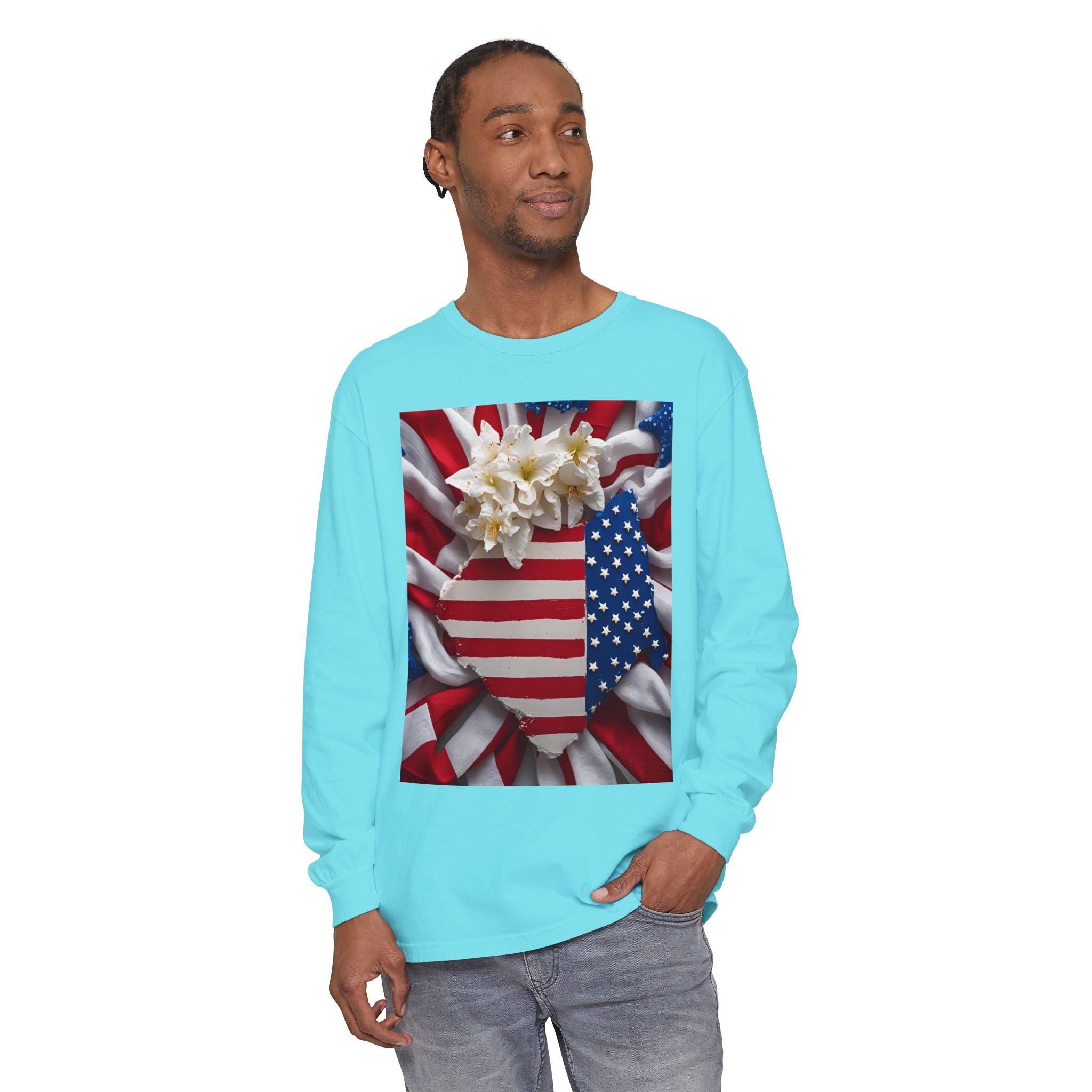 Patriotic Long Sleeve T-Shirt | Unisex Garment-Dyed Tee for Independence Day, Memorial Day, Fourth of July, Summer BBQs, Gifts