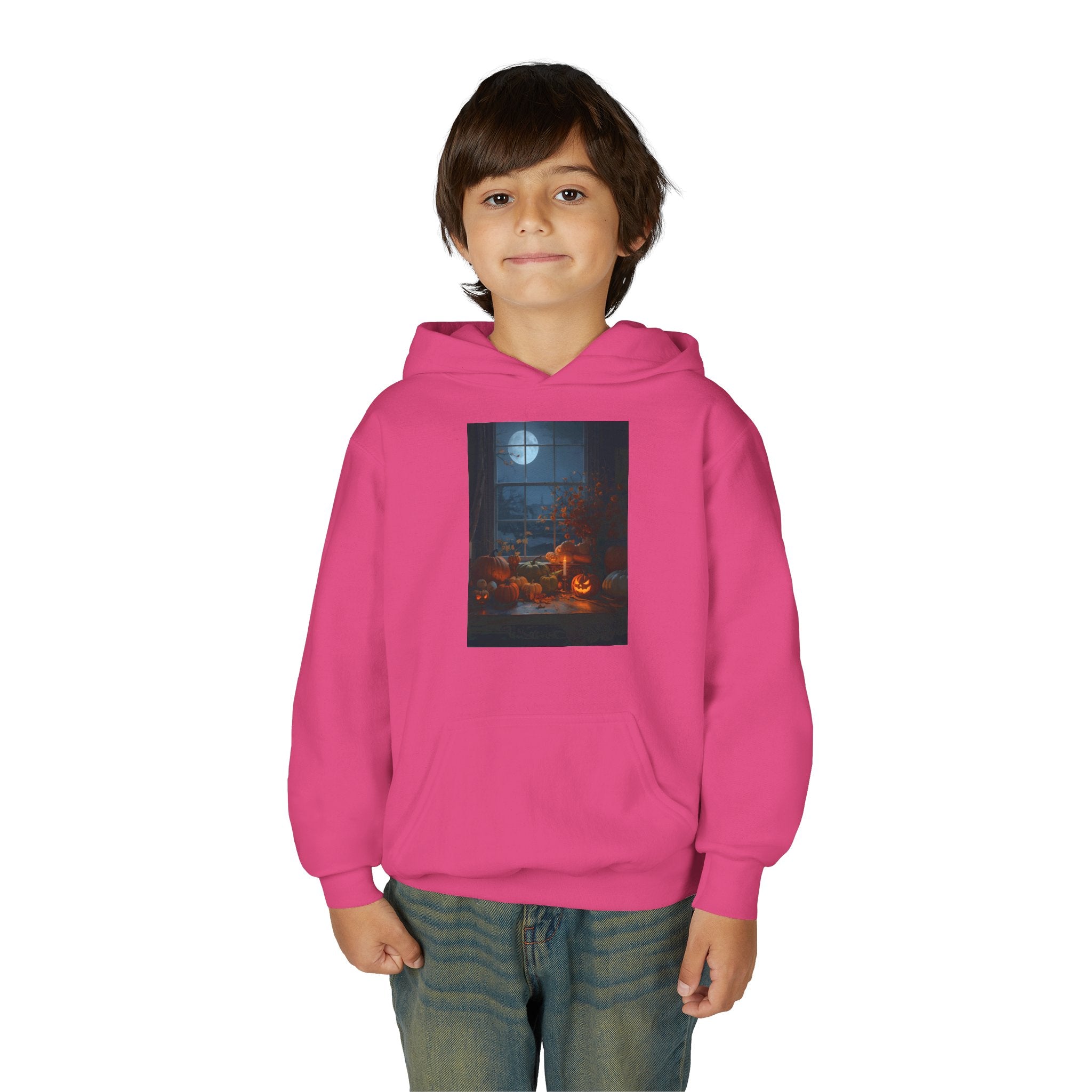 Halloween Pumpkin Youth Hoodie, Cozy Sweatshirt for Kids, Autumn & Halloween Apparel, Spooky Themed Hoodie, Fun Gift for Boys & Girls