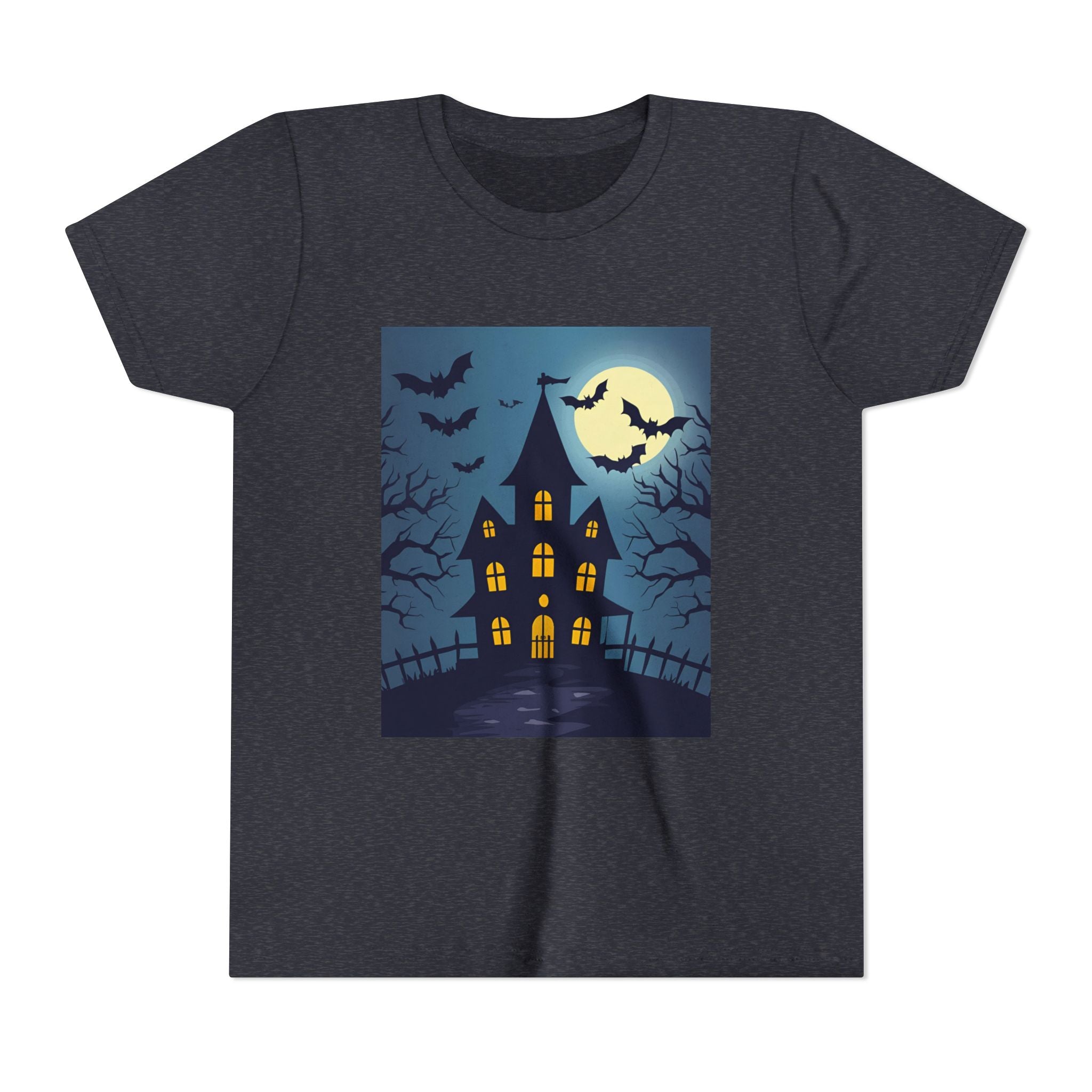 Spooky Halloween Haunted House Youth Tee, Kids Ghost T-Shirt, Haunted House Apparel, Bat Design Shirt, Trick or Treat Clothing