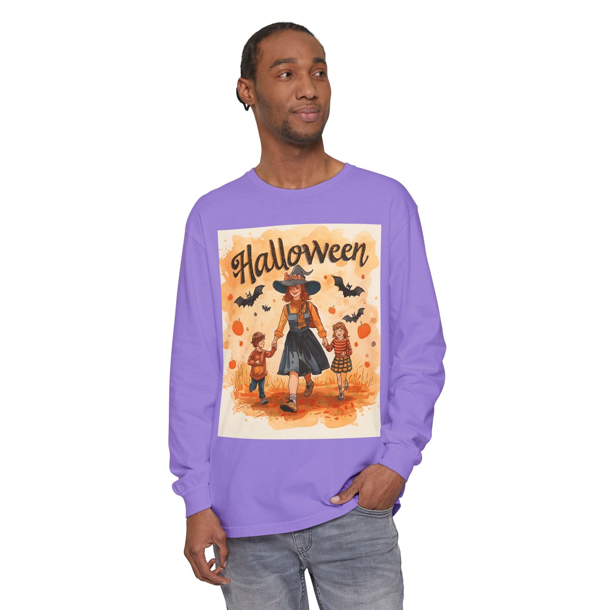 Halloween Themed Mom And Children Unisex Garment-dyed Long Sleeve T-Shirt