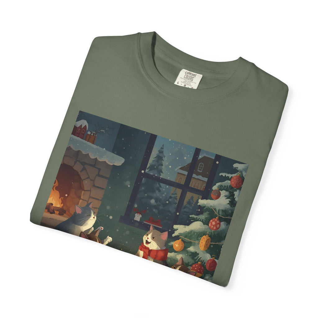 Cozy Winter Cat T-shirt, Unisex Garment-Dyed Shirt, Holiday Gift, Christmas Apparel, Cat Lover Tee, Festive Casual Wear