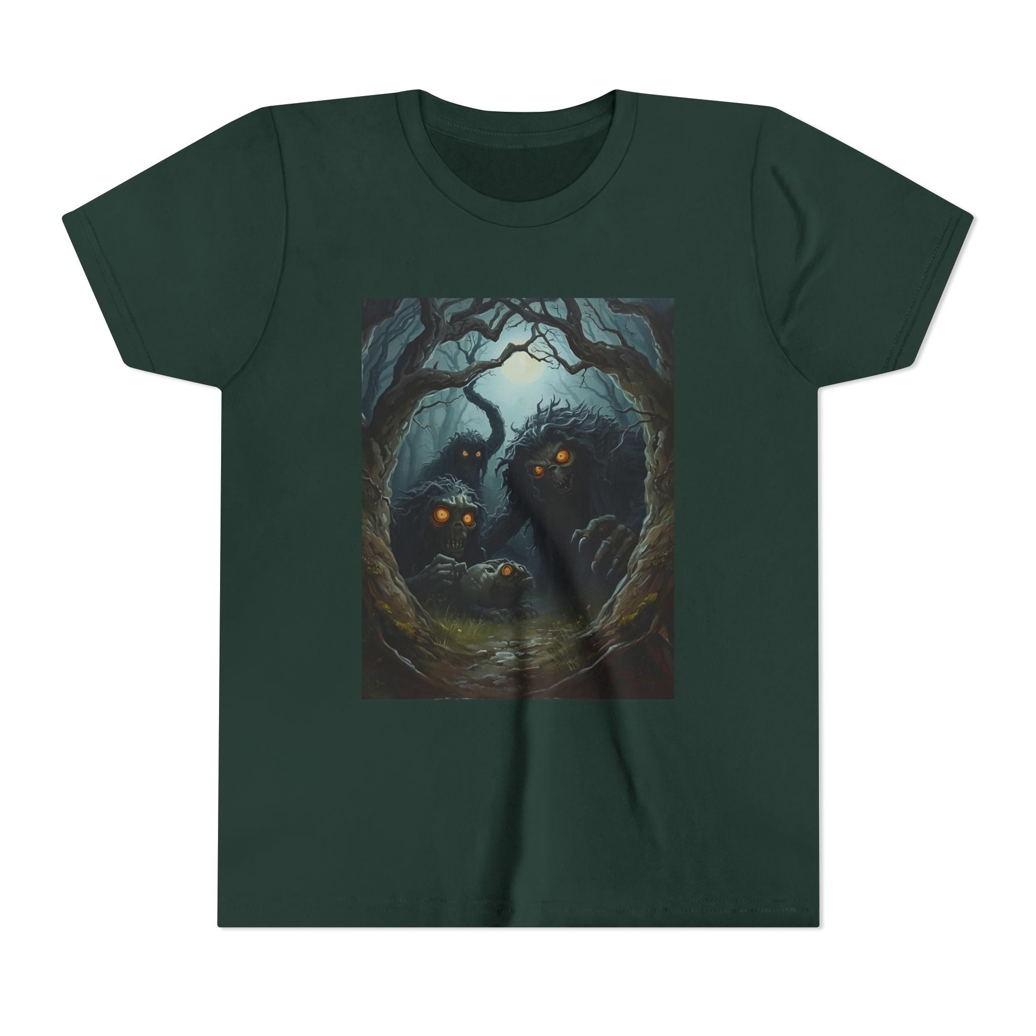 Spooky Mystical Forest Creatures Youth Tee, Cool Graphic T-Shirt, Kids Nature Shirt, Unique Gift for Boys & Girls, Perfect for Halloween