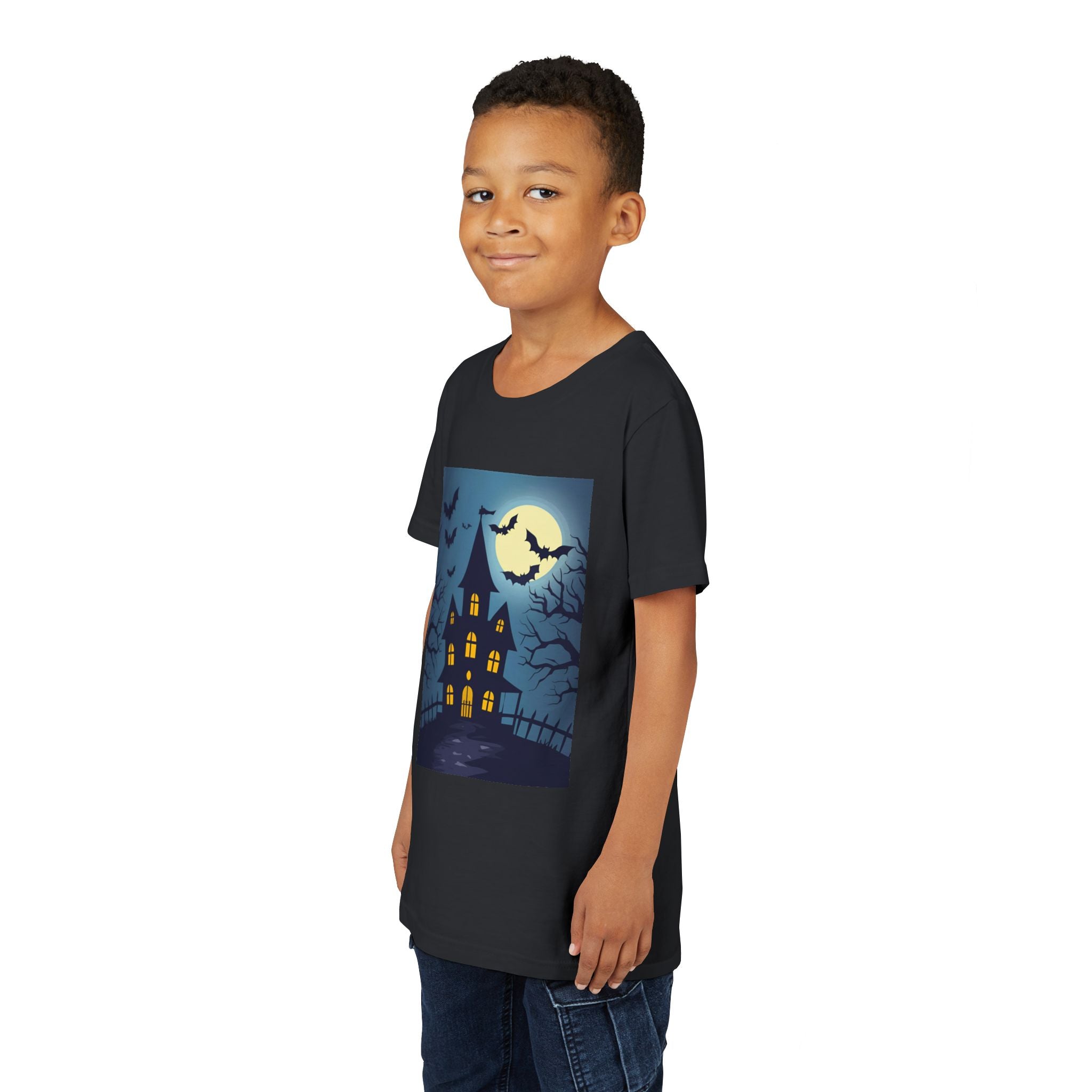 Spooky Halloween Haunted House Youth Tee, Kids Ghost T-Shirt, Haunted House Apparel, Bat Design Shirt, Trick or Treat Clothing
