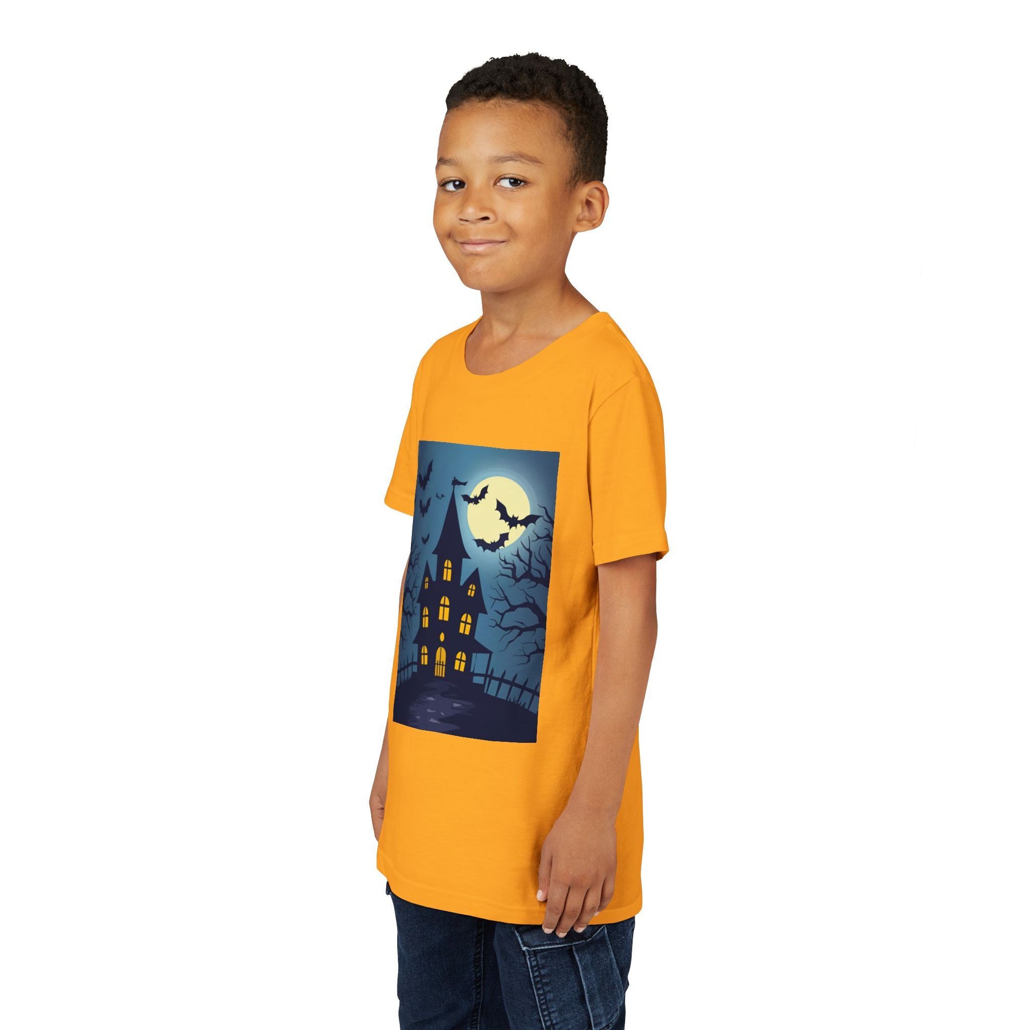 Spooky Halloween Haunted House Youth Tee, Kids Ghost T-Shirt, Haunted House Apparel, Bat Design Shirt, Trick or Treat Clothing