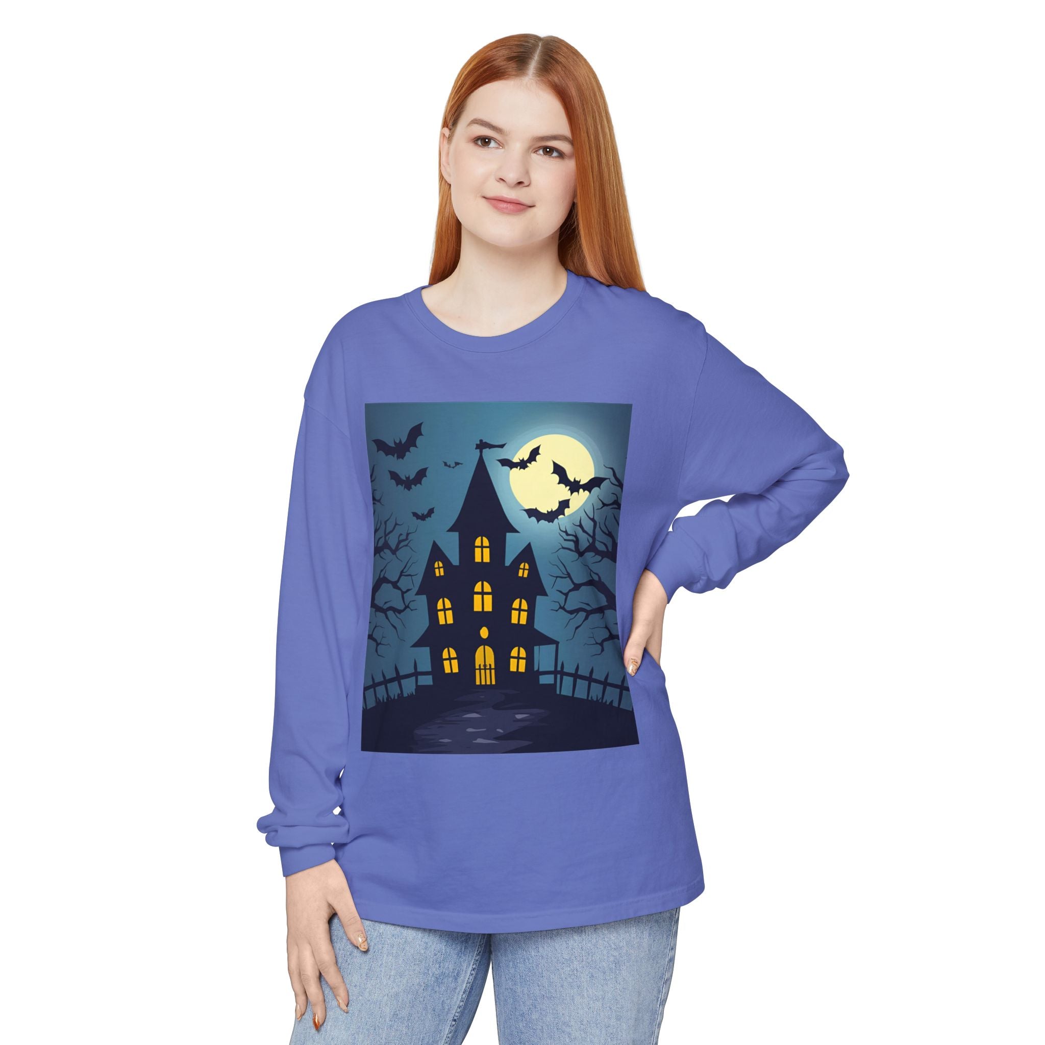 Haunted House Long Sleeve T-Shirt | Halloween Apparel, Fall Fashion, Spooky Shirt, Unisex Tee, Ghostly Vibes