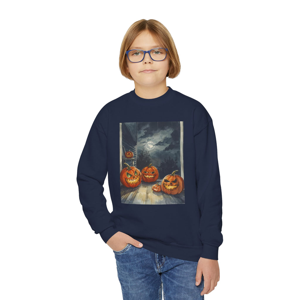 Halloween Pumpkin  Youth Crewneck Sweatshirt, Cozy Fall Sweatshirt, Kids Halloween Apparel, Pumpkin Sweatshirt, Spooky Season Top