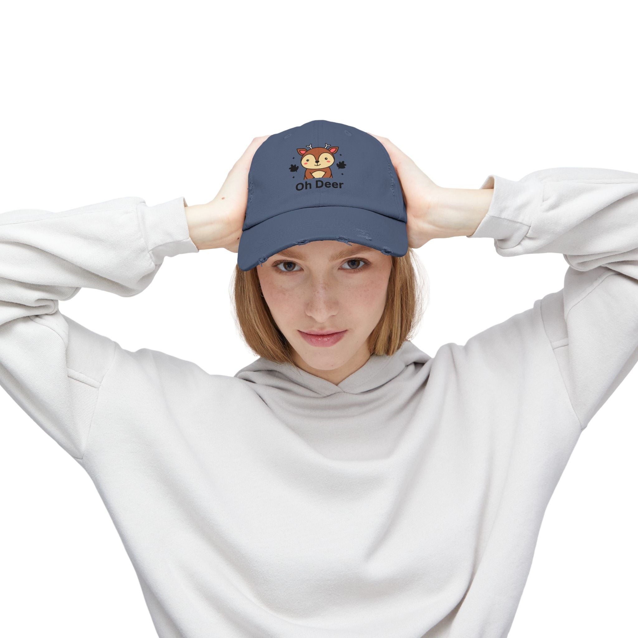 Cute Distressed Cap with 'Oh Deer' Design, Fun Gift for Nature Lovers, Unisex Outdoor Hat, Ideal for Birthdays, Holidays, Casual Wear