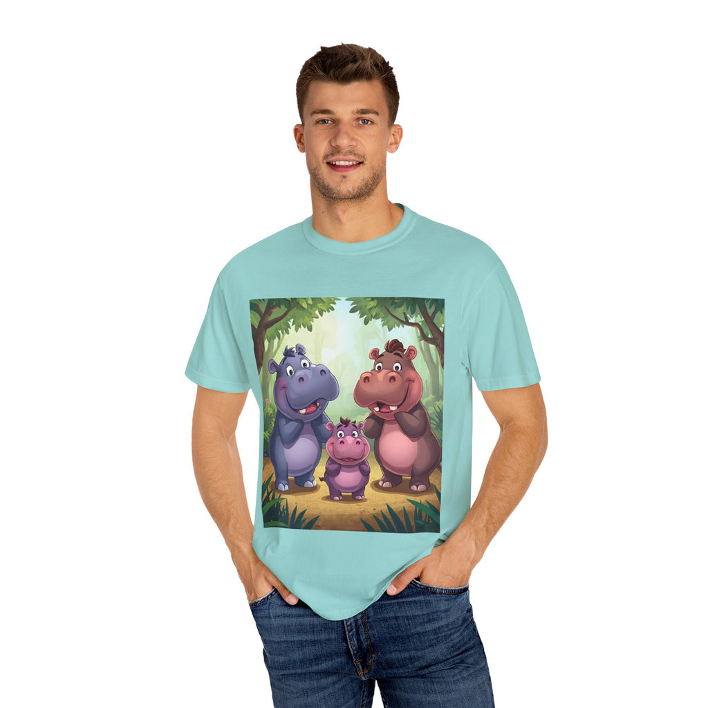 Cute Hippo Family T-Shirt, Unisex Garment-Dyed Tee, Animal Lovers Gift, Kids & Adults, Birthday, Family Reunion, Casual Wear