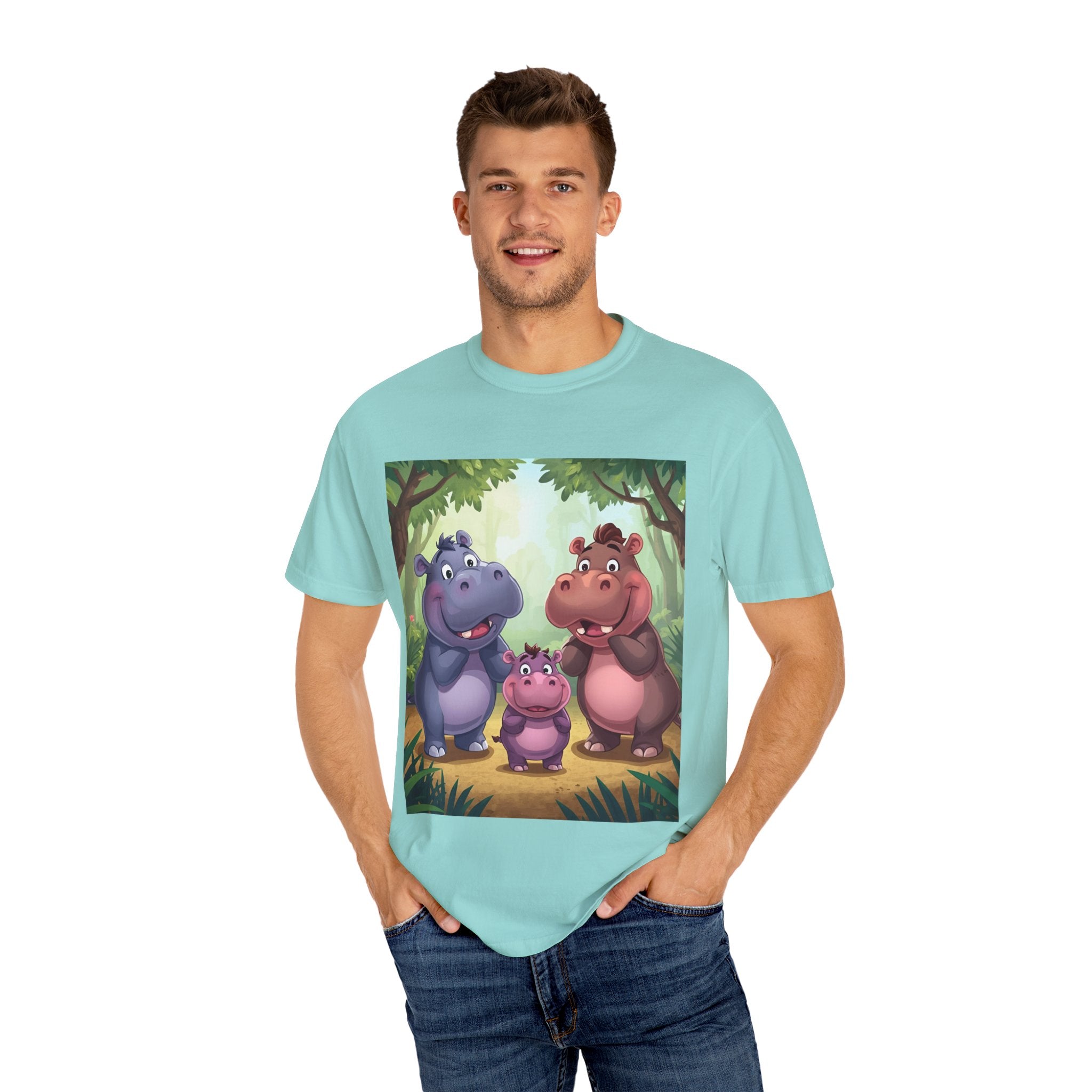 Cute Hippo Family T-Shirt, Unisex Garment-Dyed Tee, Animal Lovers Gift, Kids & Adults, Birthday, Family Reunion, Casual Wear