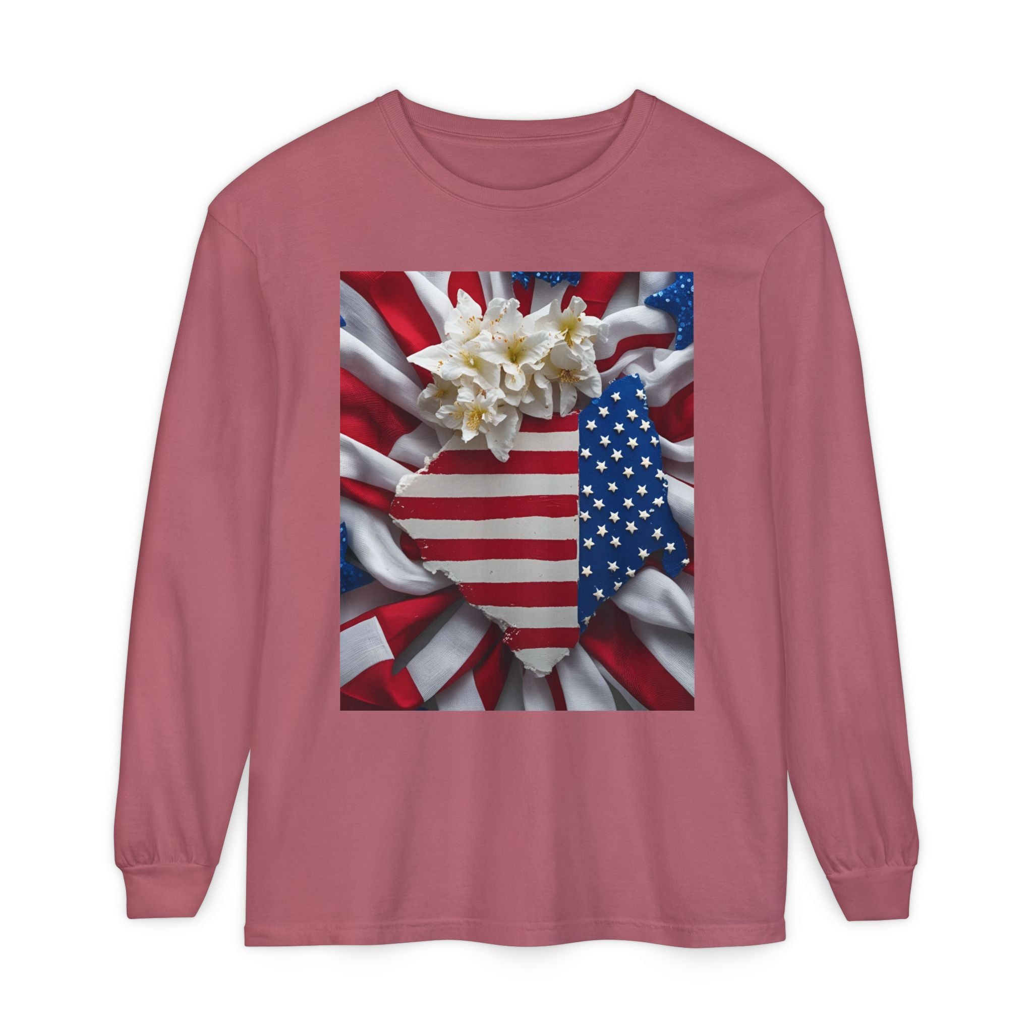 Patriotic Long Sleeve T-Shirt | Unisex Garment-Dyed Tee for Independence Day, Memorial Day, Fourth of July, Summer BBQs, Gifts