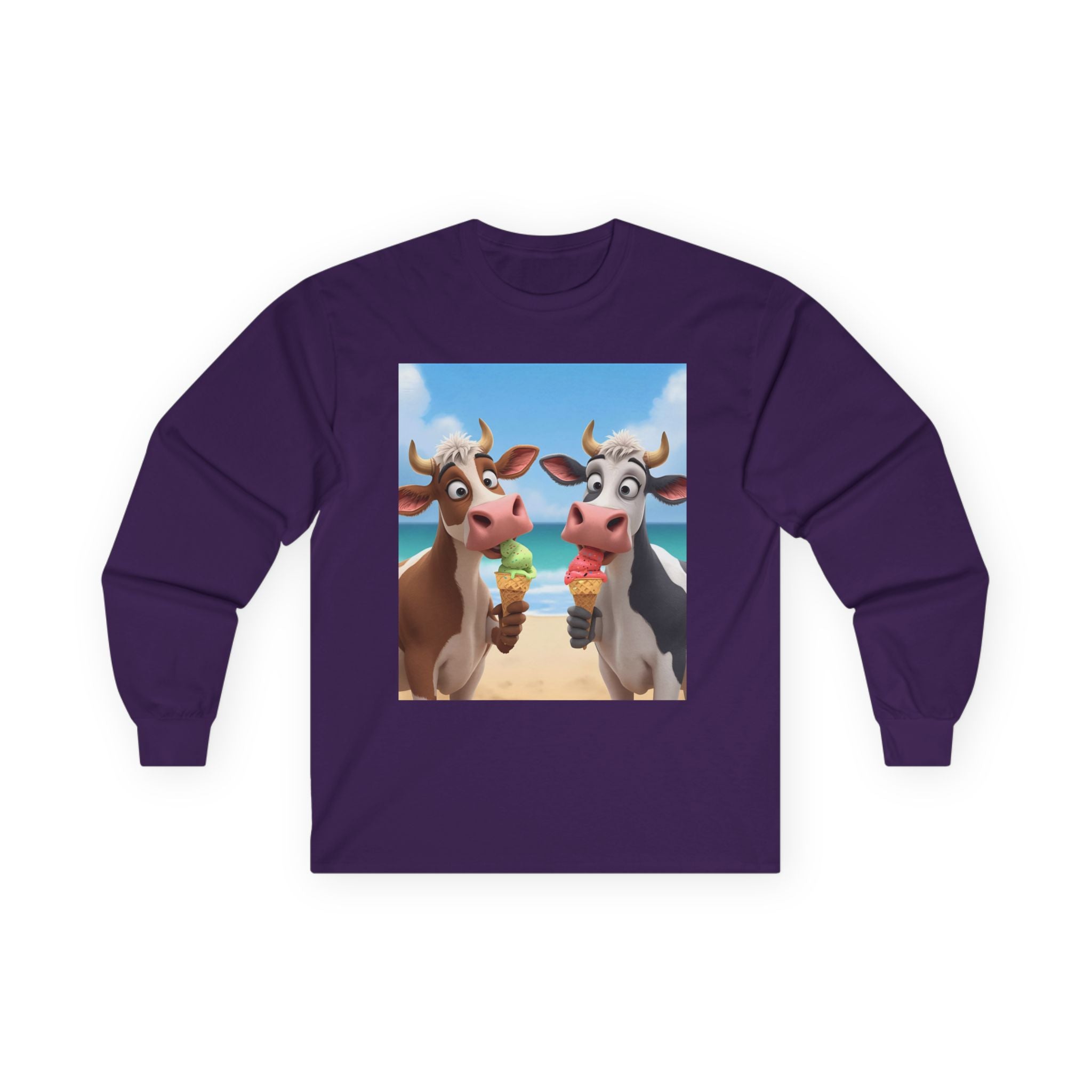 Funny Beach Cow Graphic Long Sleeve Tee, Cute Animal T-Shirt for Kids, Ice Cream Lover Gift, Summer Beach Apparel, Dairy Product Humor