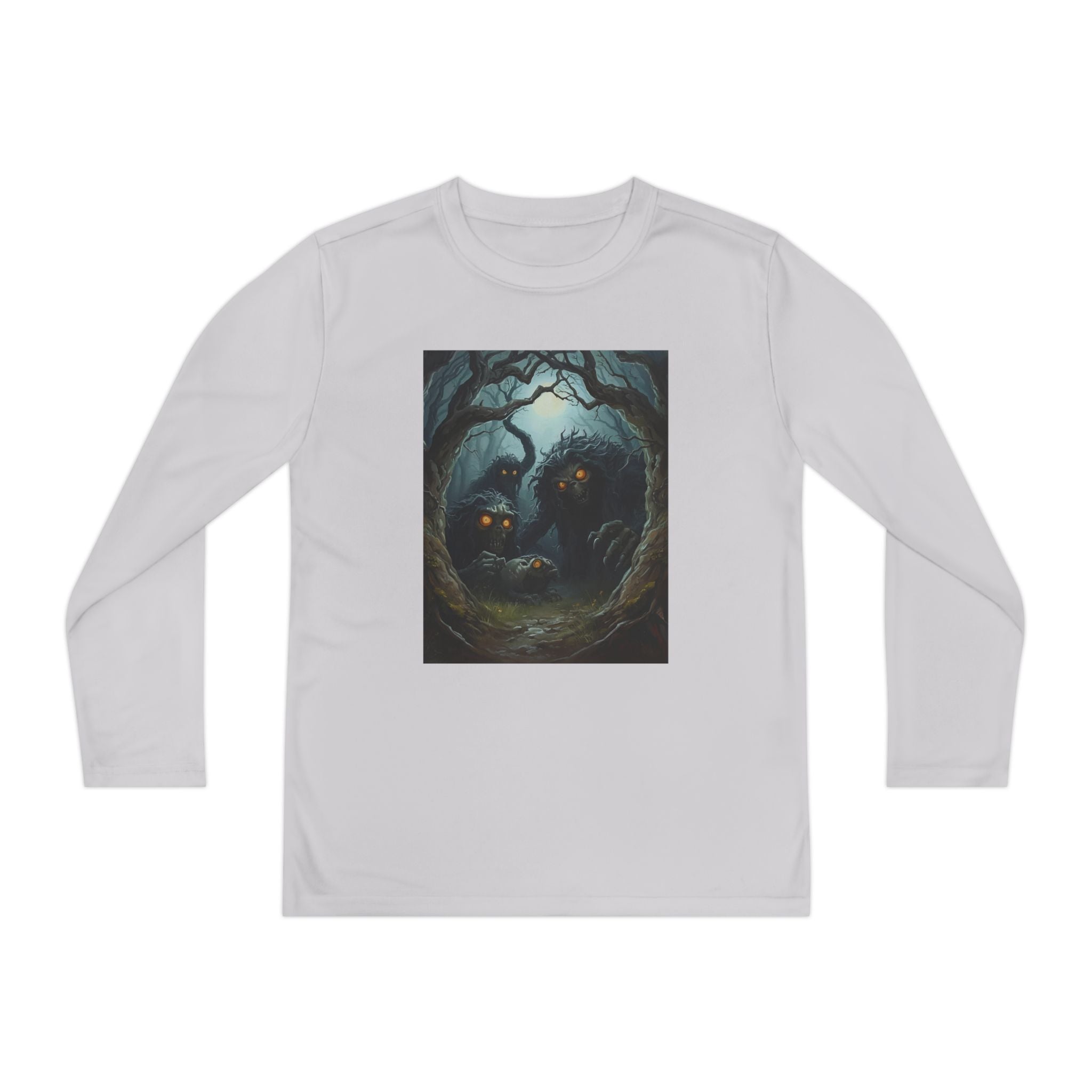 Spooky Forest Creatures Youth Long Sleeve Tee with Enchanted Forest Design, Comfortable Unisex T-Shirt for All Seasons, Perfect for Halloween and Nature Lovers