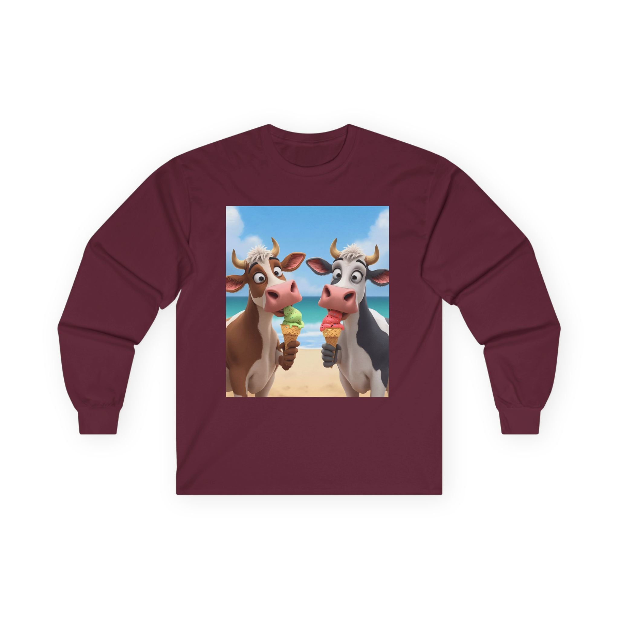 Funny Beach Cow Graphic Long Sleeve Tee, Cute Animal T-Shirt for Kids, Ice Cream Lover Gift, Summer Beach Apparel, Dairy Product Humor