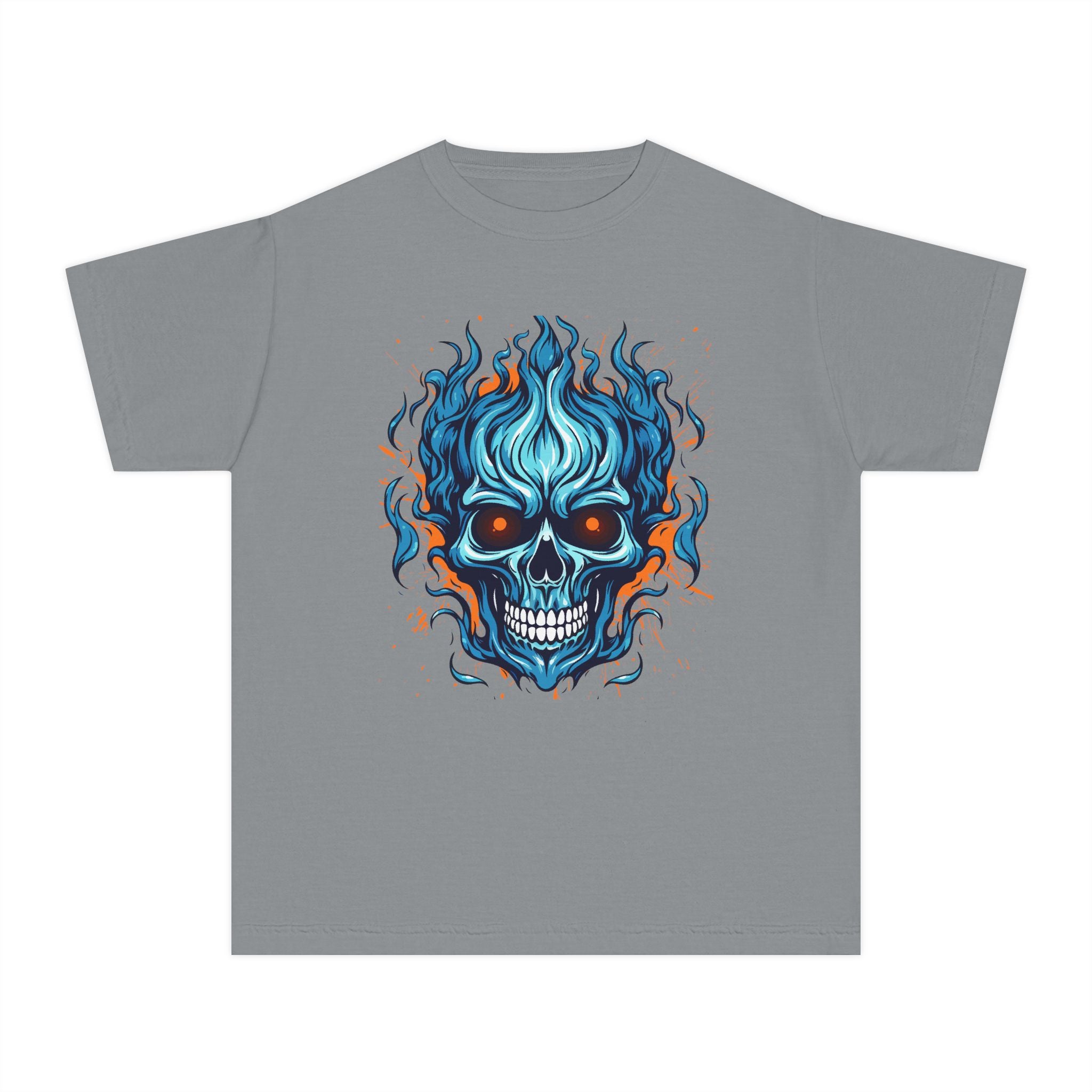 Skull Flame Youth Graphic Skull Tee, Cool Teen Fashion, Edgy Summer Wear, Halloween Costume, Unique Gift for Kids, Casual Everyday Style