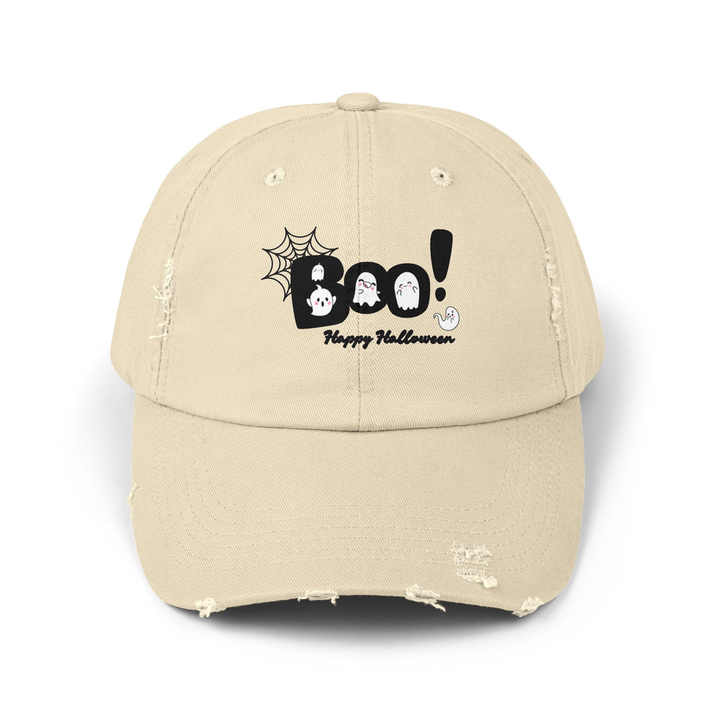 Halloween Boo Distressed Cap, Trendy Unisex Hat, Spooky Accessory, Fall Fashion, Casual Wear, Gift for Halloween Enthusiasts