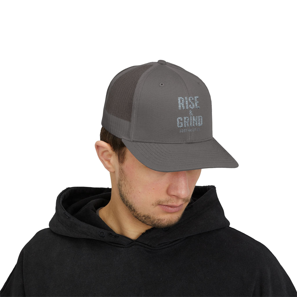 Boss Built Co Rise & Grind Snapback Trucker Cap — Motivational Embroidered Hat