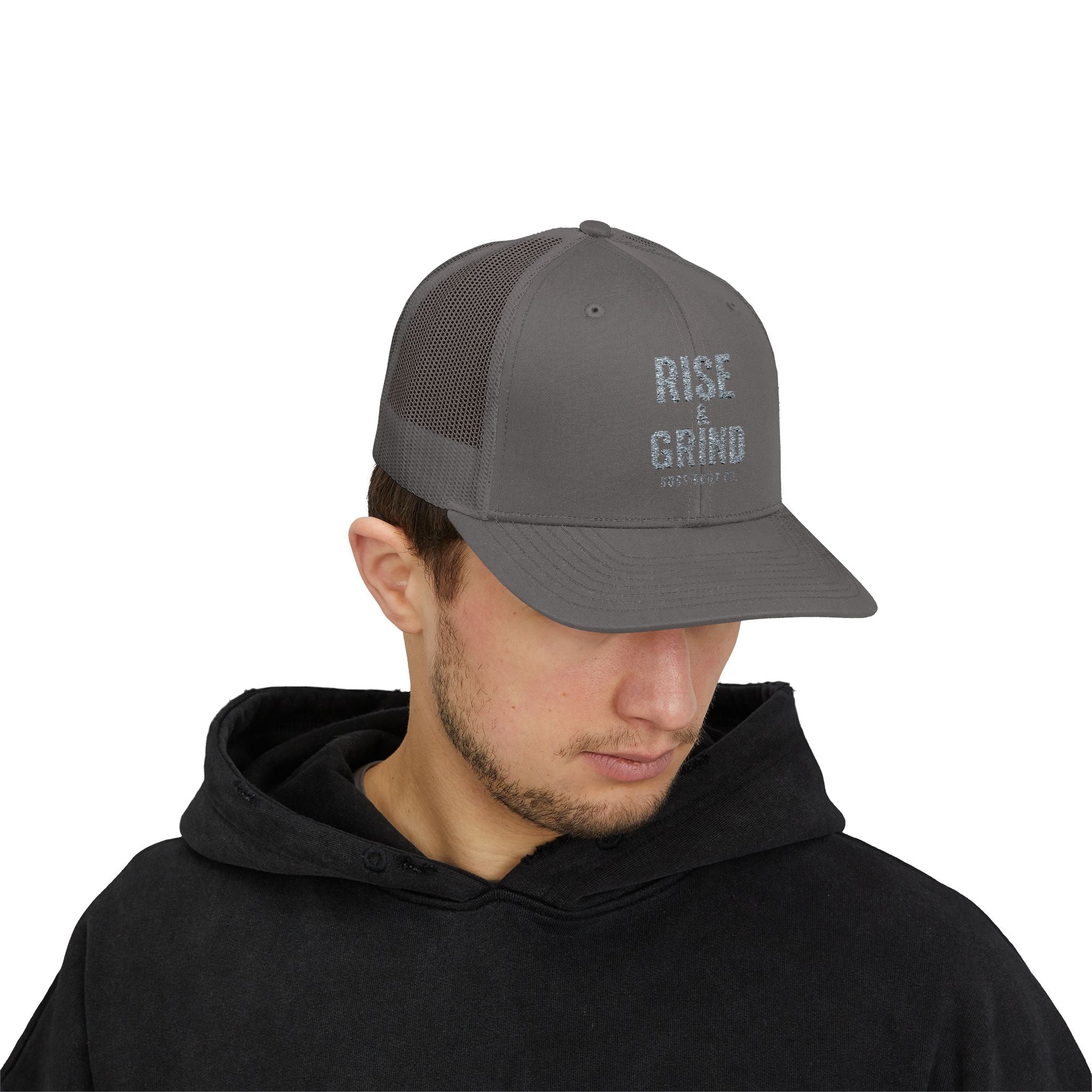 Boss Built Co Rise & Grind Snapback Trucker Cap — Motivational Embroidered Hat