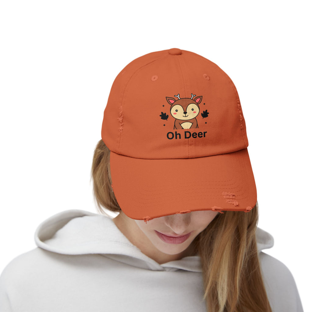 Cute Distressed Cap with 'Oh Deer' Design, Fun Gift for Nature Lovers, Unisex Outdoor Hat, Ideal for Birthdays, Holidays, Casual Wear