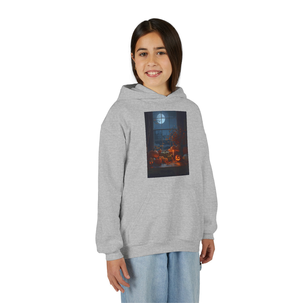 Halloween Pumpkin Youth Hoodie, Cozy Sweatshirt for Kids, Autumn & Halloween Apparel, Spooky Themed Hoodie, Fun Gift for Boys & Girls