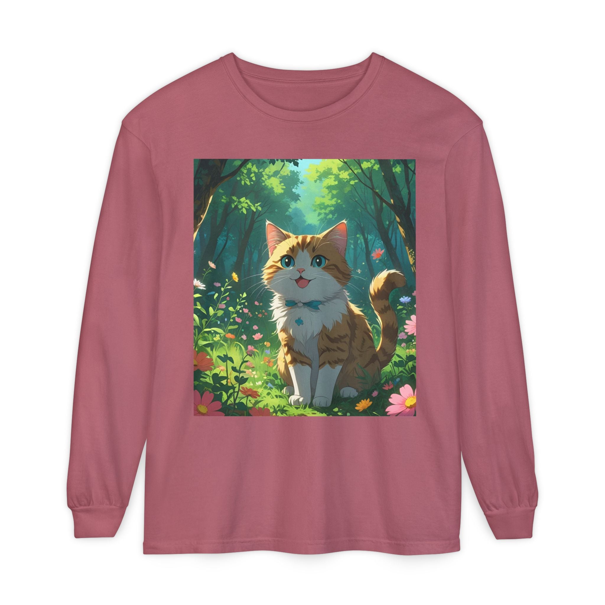 Whimsical Cat In Forest Long Sleeve T-Shirt - Perfect for Cat Lovers, Nature Enthusiasts, Gifts, Cozy Wear, Everyday Style