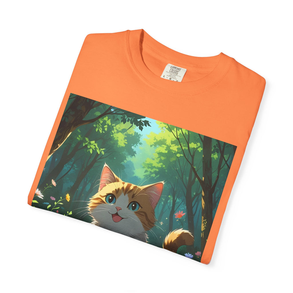 Whimsical Cat In Forest T-Shirt | Nature Lover Gift, Cute Pet Shirt, Animal Art Tee, Summer Outfit, Eco-Friendly Fashion