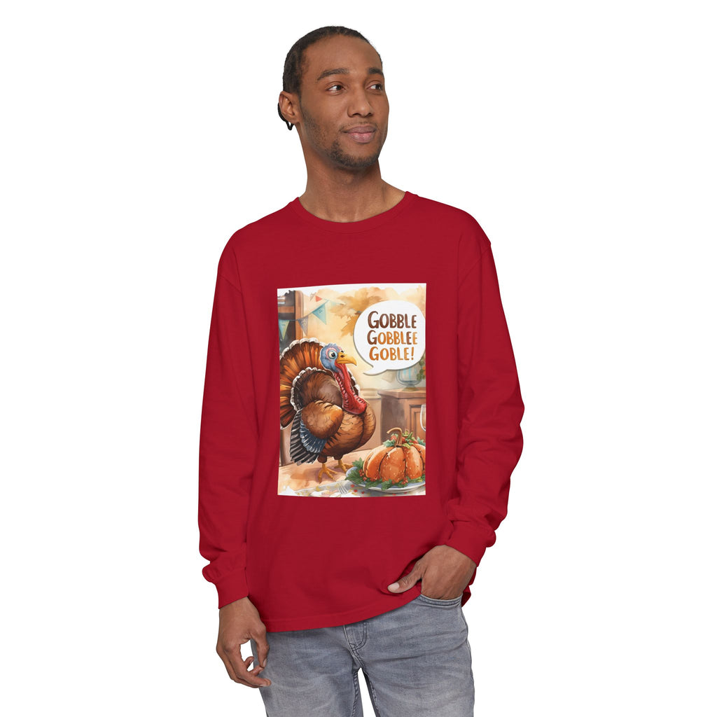 Thanksgiving Long Sleeve T-Shirt with Turkey Design, Fall Apparel, Holiday Gift, Family Gathering Shirt, Gobble Gobble Tee