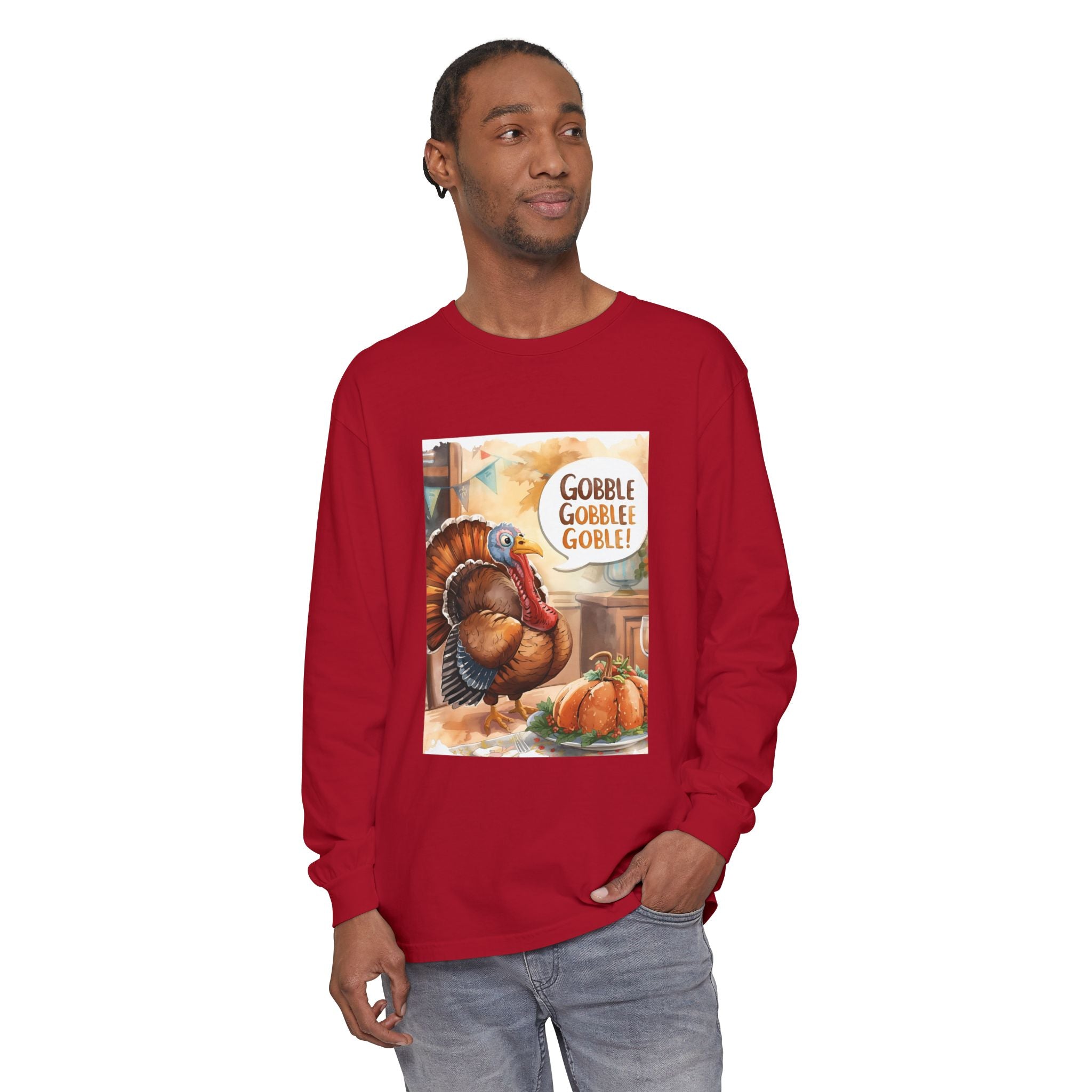 Thanksgiving Long Sleeve T-Shirt with Turkey Design, Fall Apparel, Holiday Gift, Family Gathering Shirt, Gobble Gobble Tee