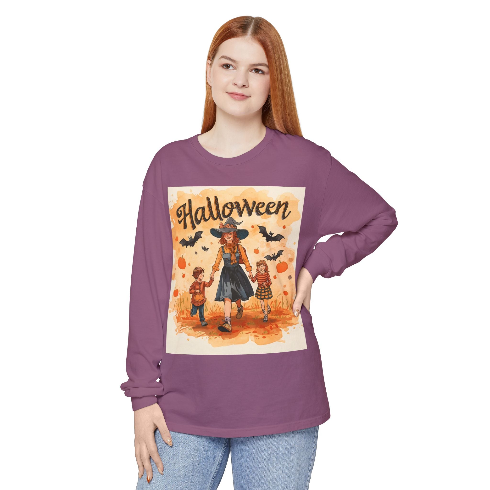Halloween Themed Mom And Children Unisex Garment-dyed Long Sleeve T-Shirt