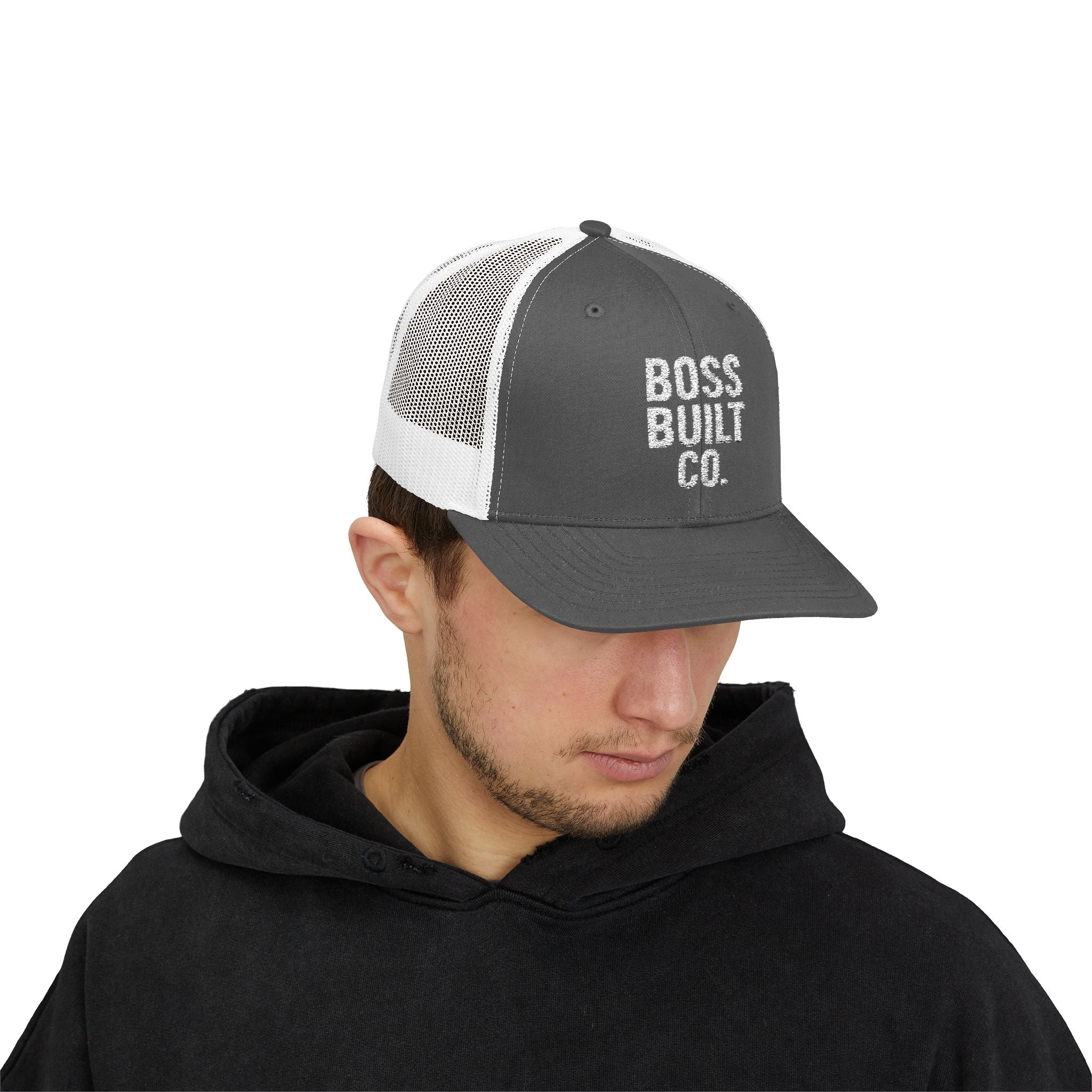 Boss Built Co. Trucker Hat — Vintage Distressed Snapback Cap for Builders & Makers