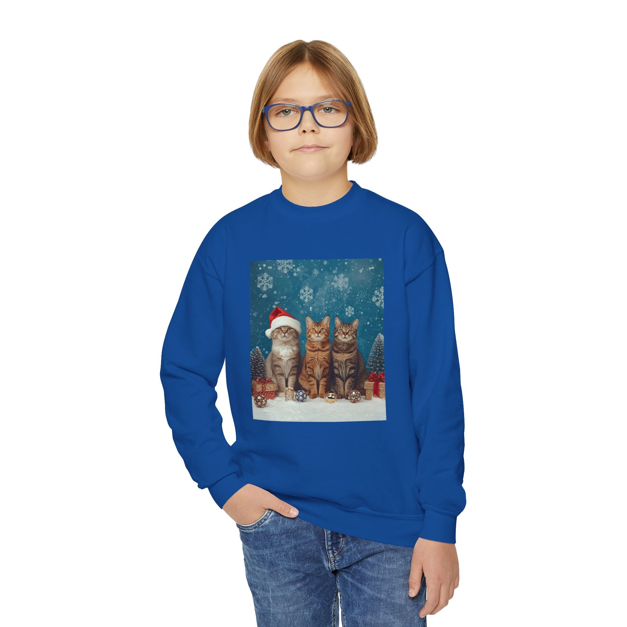 Cute Cat Festive Christmas Youth Crewneck Sweatshirt