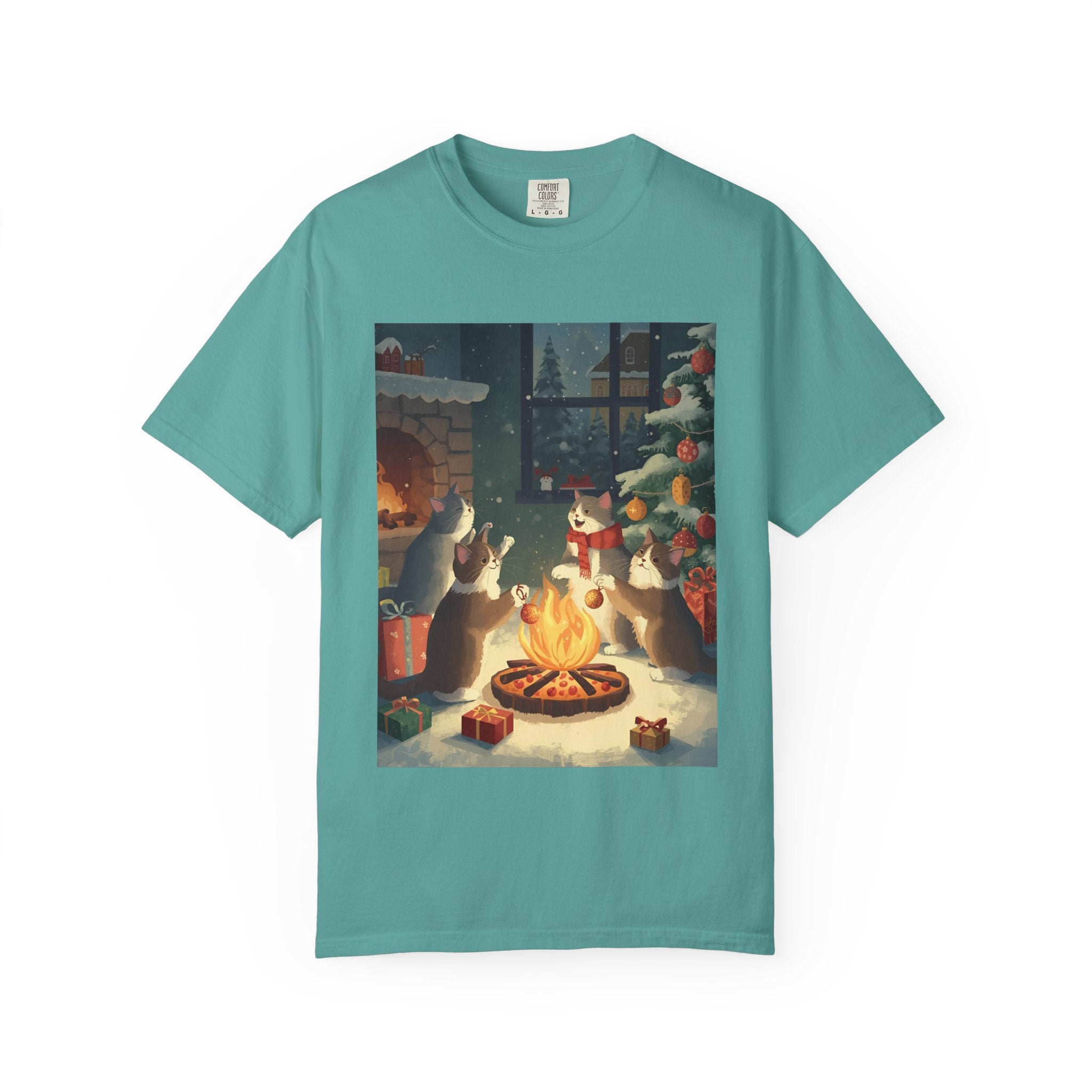 Cozy Winter Cat T-shirt, Unisex Garment-Dyed Shirt, Holiday Gift, Christmas Apparel, Cat Lover Tee, Festive Casual Wear