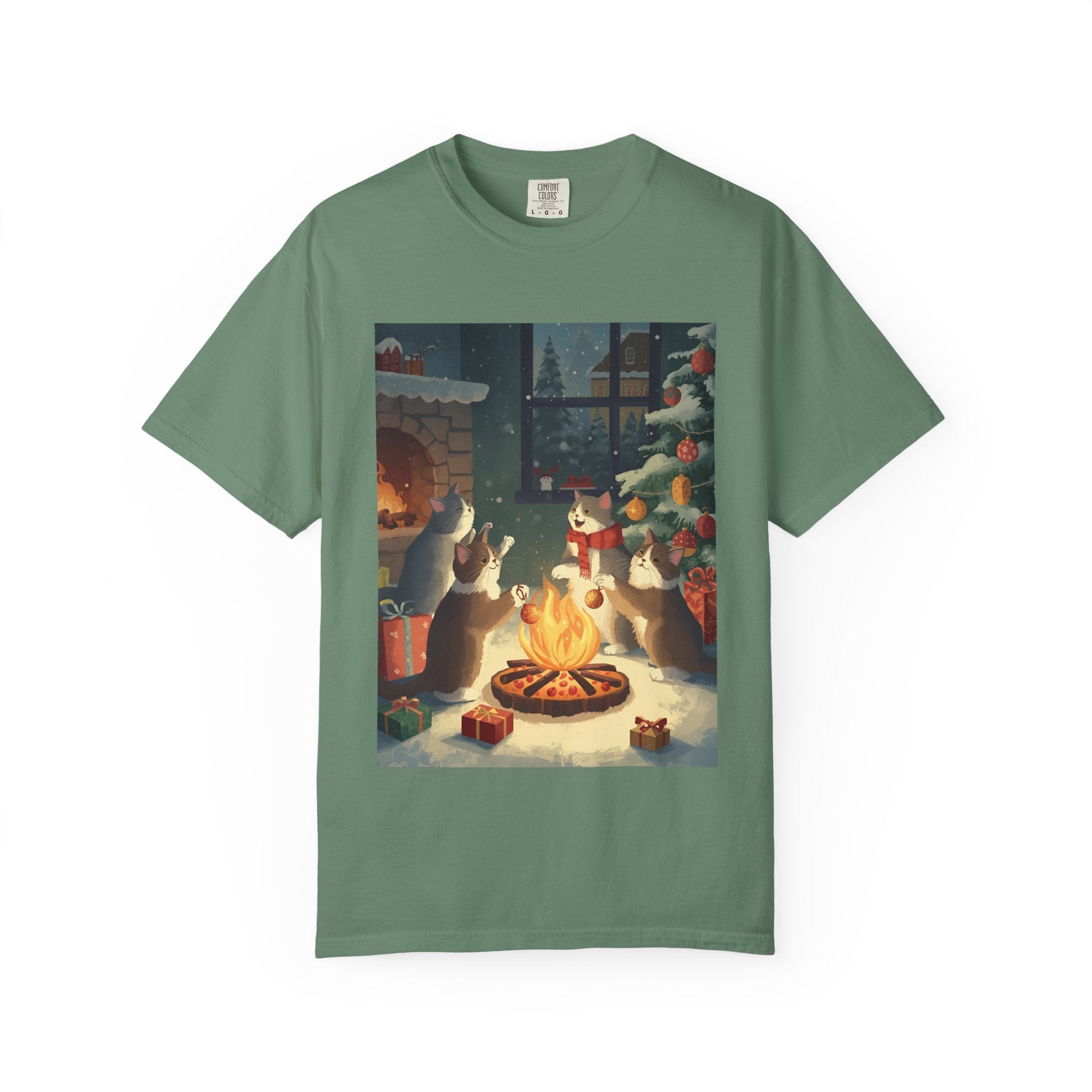 Cozy Winter Cat T-shirt, Unisex Garment-Dyed Shirt, Holiday Gift, Christmas Apparel, Cat Lover Tee, Festive Casual Wear