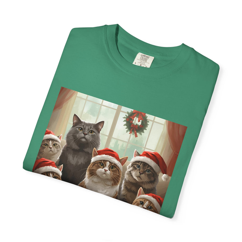 Cute Festive Funny Christmas Cat T-Shirt, Holiday Gift for Cat Lovers, Cute Tee for Winter, Unisex Garment-Dyed Shirt, Christmas Apparel, Festive Outfit