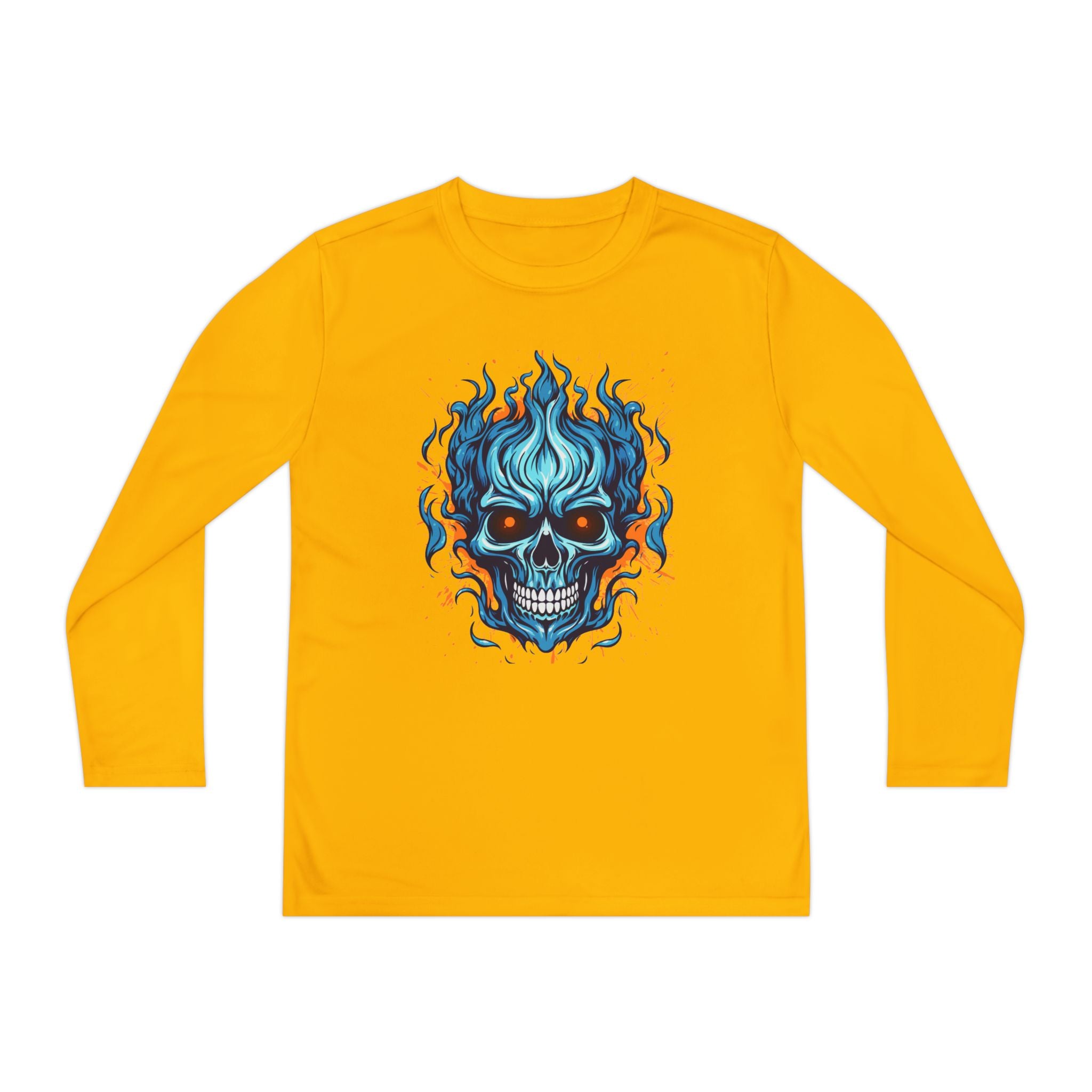 Skull Flame Youth Long Sleeve Skull Tee, Perfect for Halloween, Edgy Gift for Teens, Cozy Casual Wear, Skull Art Graphic Tee, Unique Birthday Present