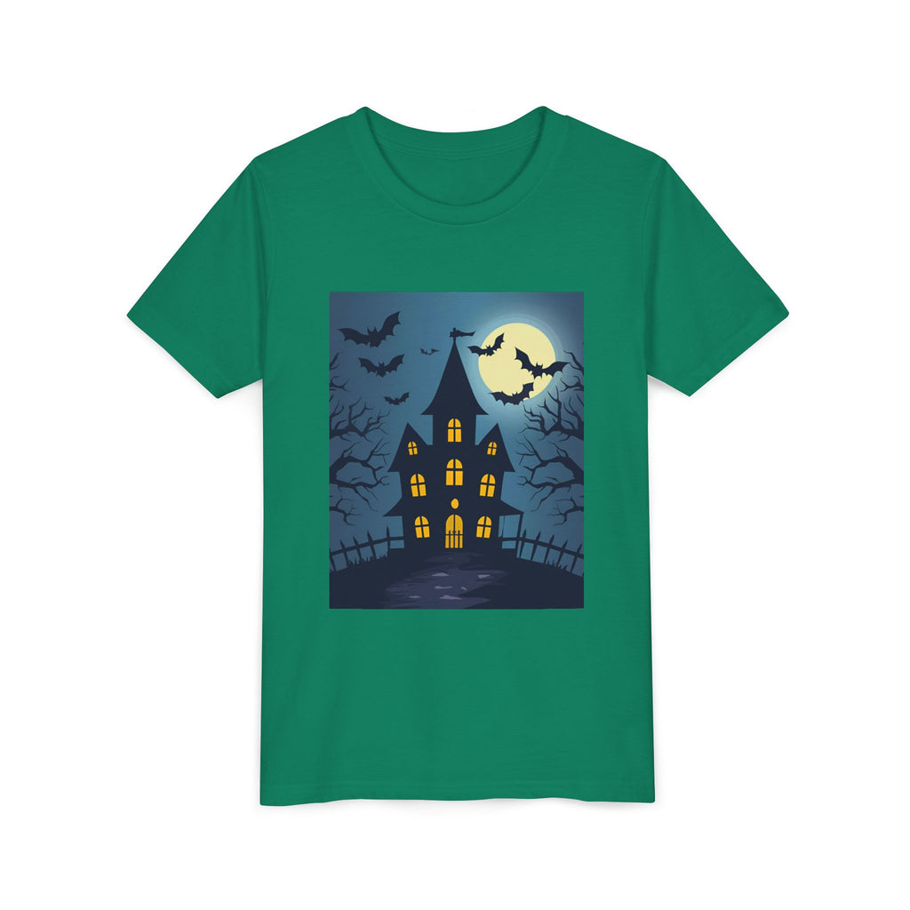 Spooky Halloween Haunted House Youth Tee, Kids Ghost T-Shirt, Haunted House Apparel, Bat Design Shirt, Trick or Treat Clothing