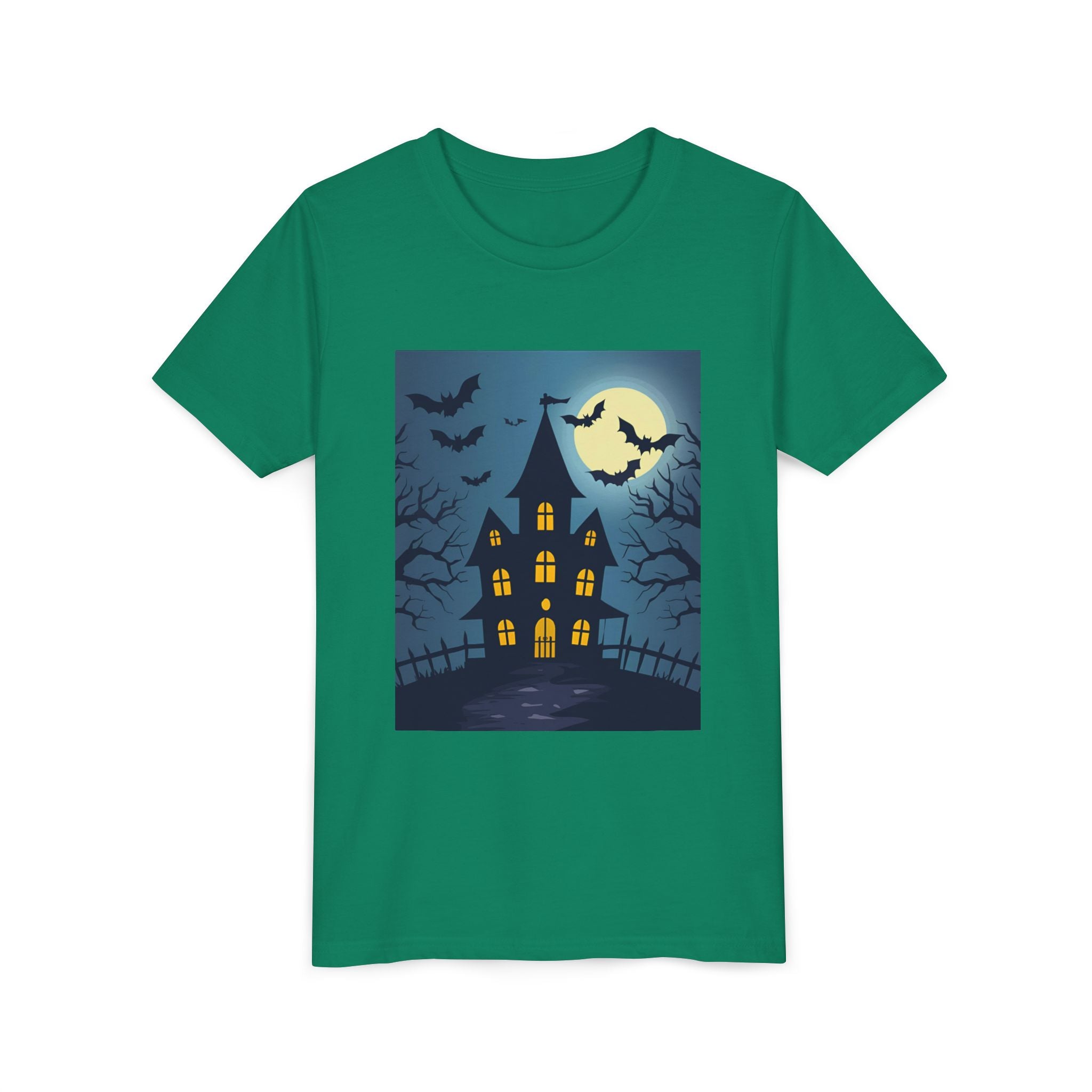 Spooky Halloween Haunted House Youth Tee, Kids Ghost T-Shirt, Haunted House Apparel, Bat Design Shirt, Trick or Treat Clothing