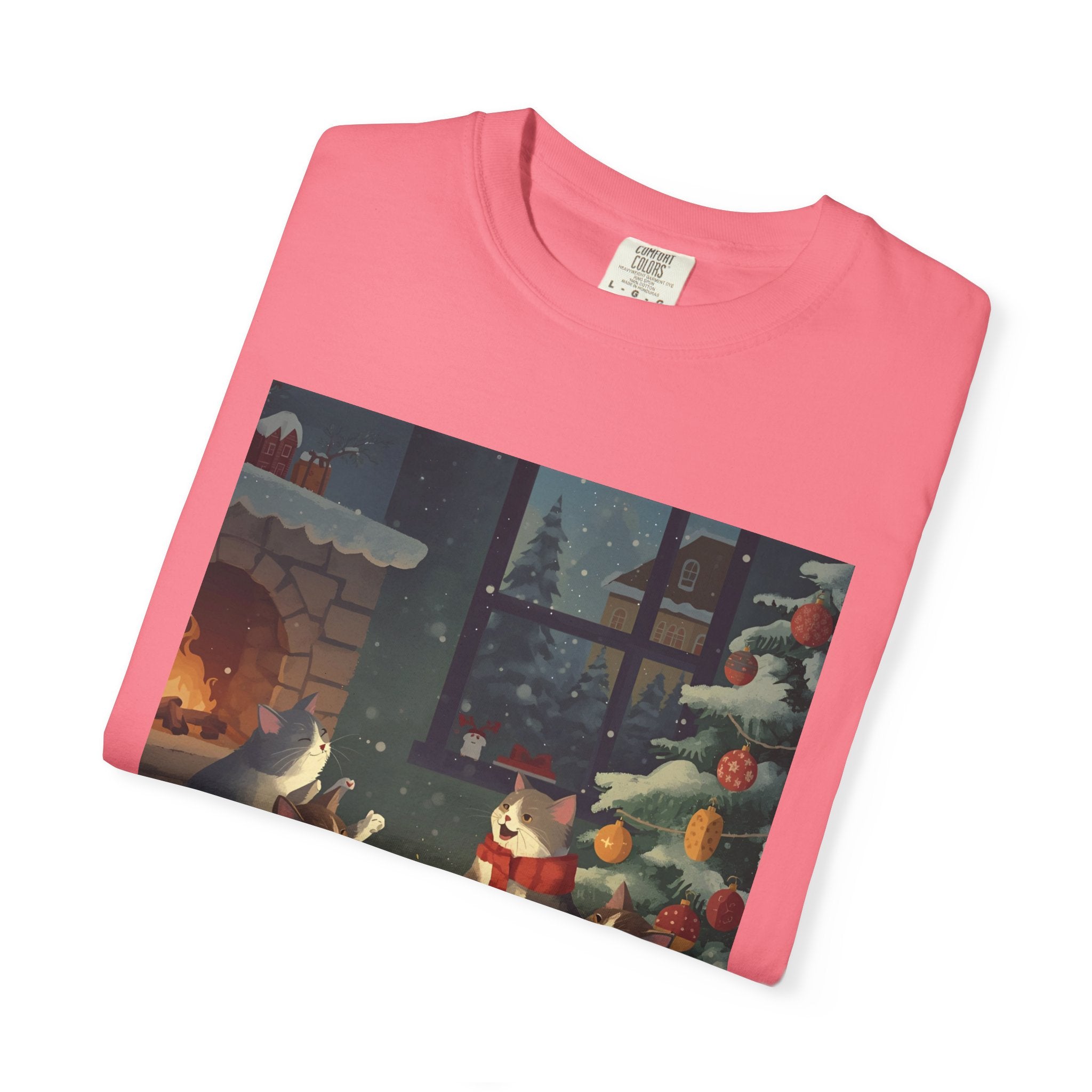 Cozy Cat Campfire T-shirt, Unisex Garment-Dyed Tee, Holiday Gift, Cat Lover Gift, Cute Winter T-shirt, Cozy Nightwear, Christmas Shirt